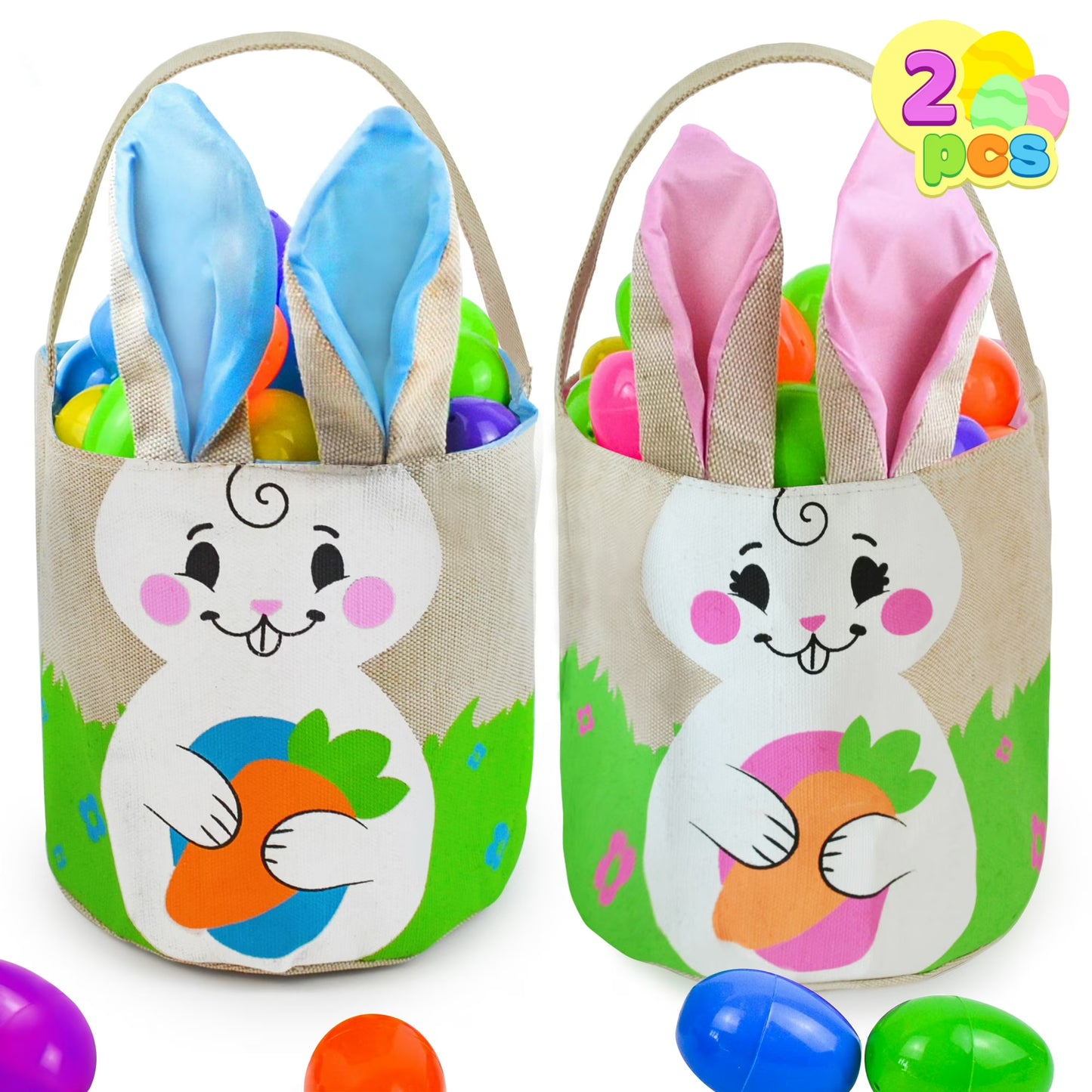 Joyfy 2 Pcs Easter Baskets for Kids,Easter Bunny Burlap Egg Tote Gift Basket,Easter Basket with Handle for Easter Egg Hunt