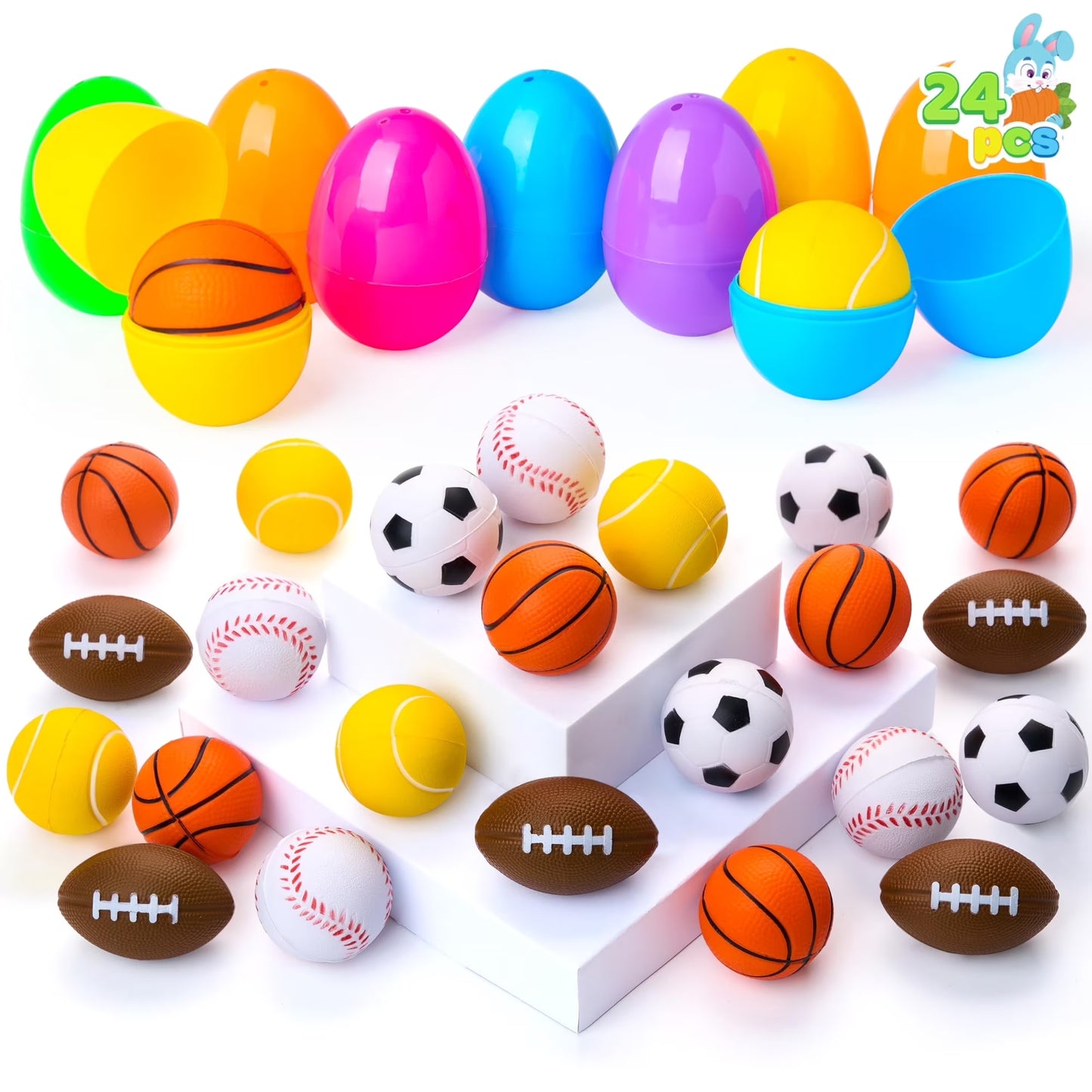 Joyfy 24 Pack Prefilled Easter Eggs with Toys,Easter Eggs Filled with Sports Stress Balls Squishy Toy for Easter Basket Stuffers and Classroom Exchange Party Favors