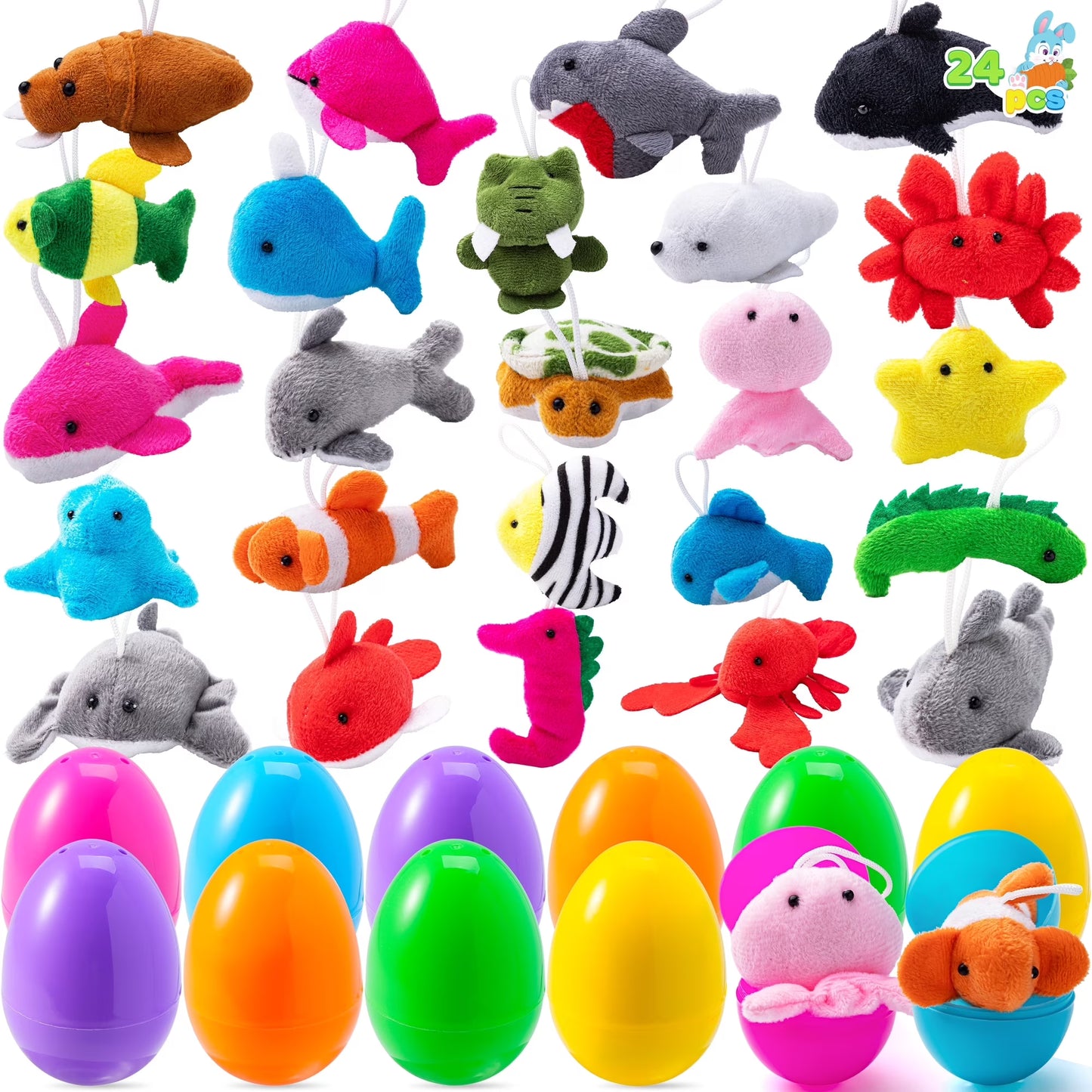 Joyfy 24 Pack Prefilled Easter Eggs with Toys,Easter Eggs with Mini Stuffed Sea Animal Plush Toys for Kids Toddler,Easter Basket Filler Egg Hunt Filler Stuffer