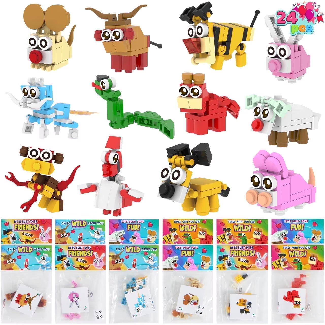 Joyfy 24 Packs Valentines Day Gift Cards with Animal Building Blocks for Valentine Party Favor Toy,Valentine Classroom Exchange,Kids Classroom School Prize