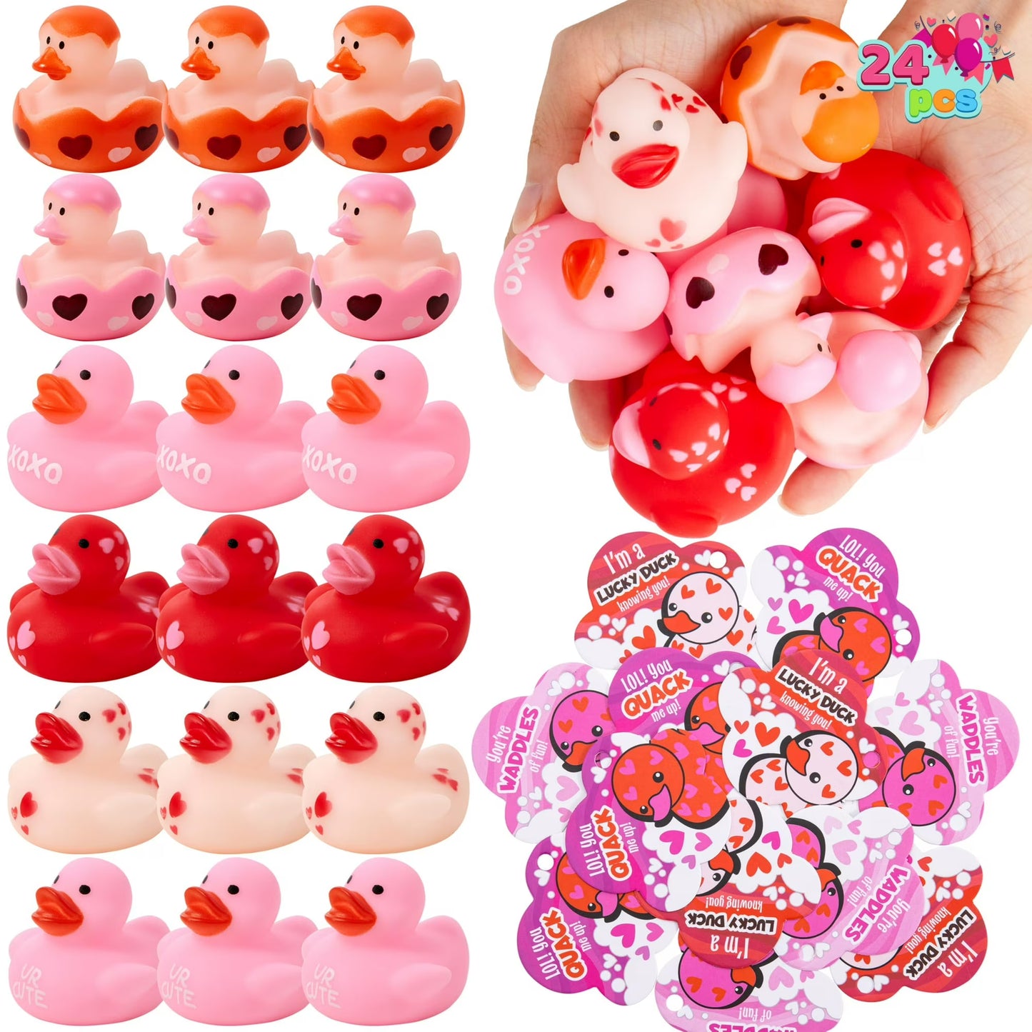 Joyfy 24 Pcs Valentine¡¯s Day Gift Cards with Rubber Duck for Kids,Mini Rubber Duck Bath Toys for Classroom Exchange Prizes, Valentine Party Favors Toys
