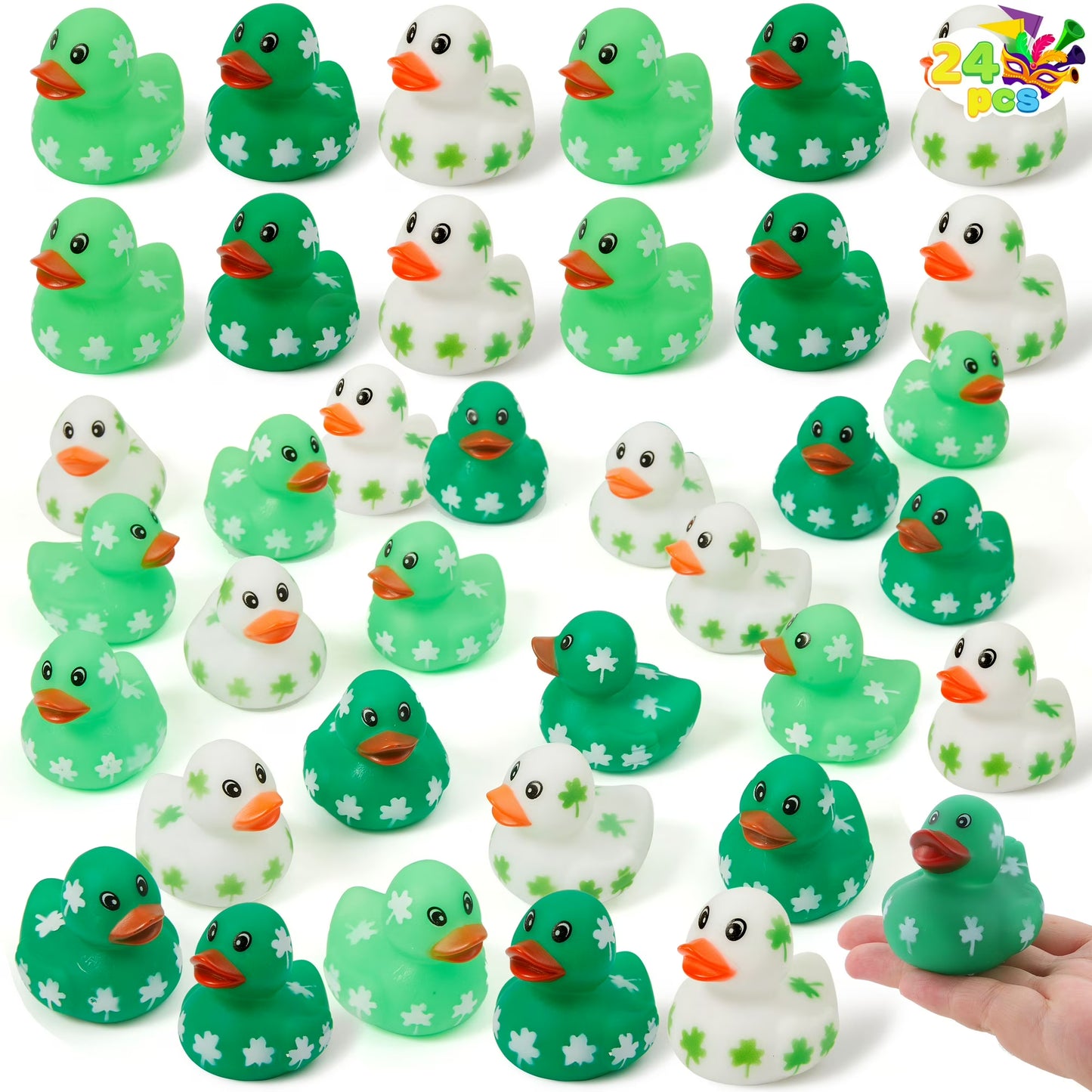 Joyfy 24 Pcs St. Patrick Day Rubber Ducks for Patrick Party Supplies, Green Shamrock Clover Ducks for Kids Party Accessories Favors