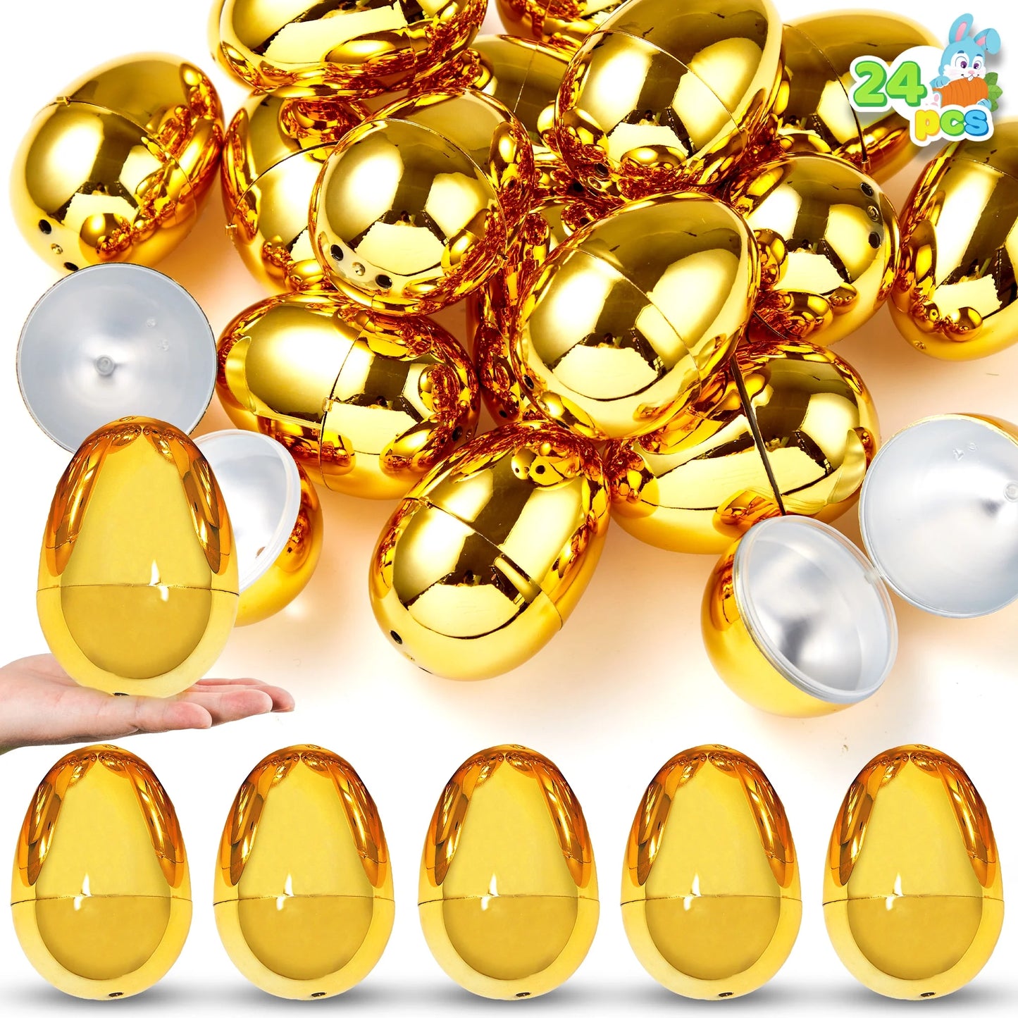 Joyfy 24 PCS 2.3" Golden Easter Eggs, Metallic Empty Easter Eggs Fillable, Plastic Eggs Bulks for Easter Hunt, Filling Treats, Parties, Easter Basket Stuffers, Classroom Prize Supplies