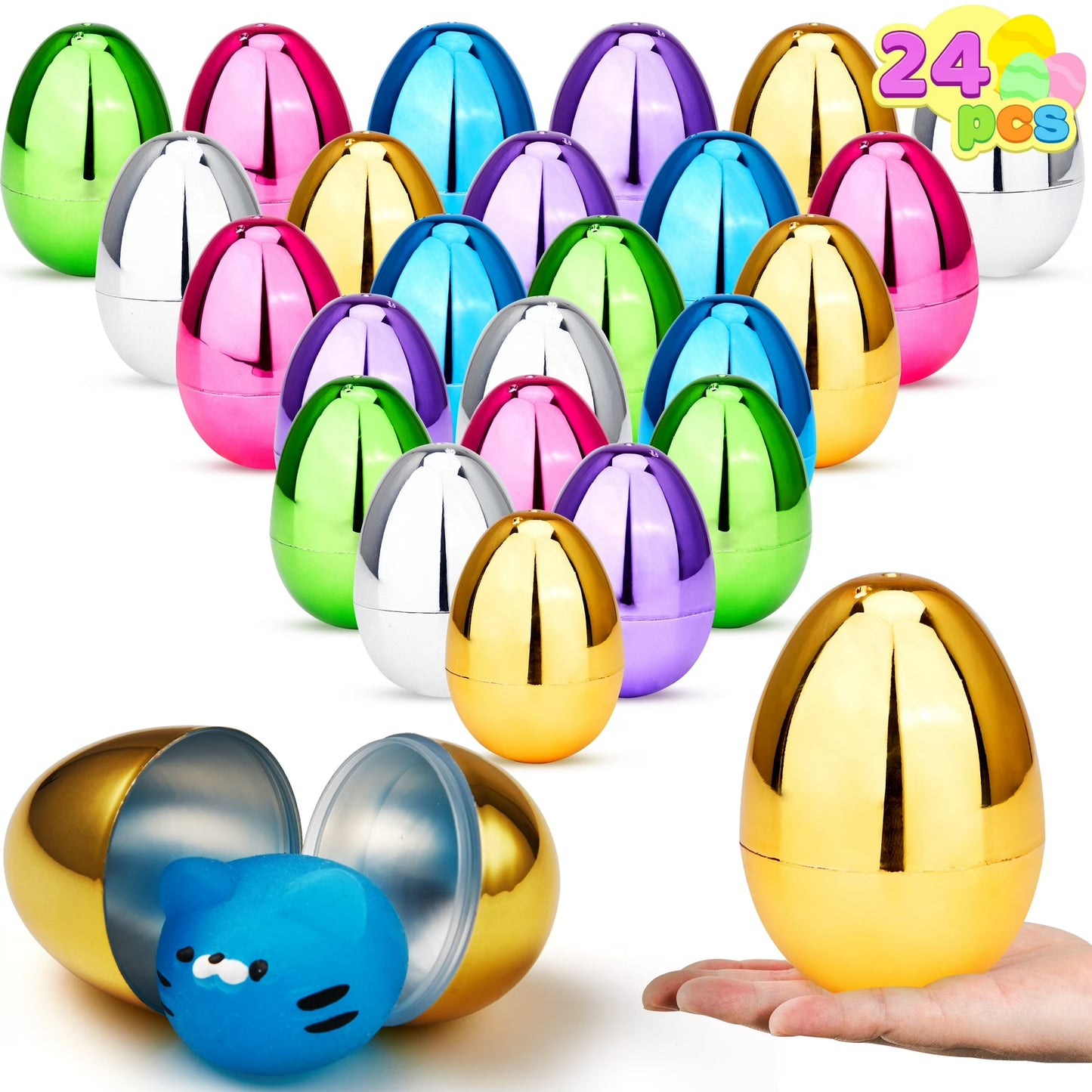 Joyfy 24PCS 3.15" Metallic Easter Eggs, Shinny Empty Easter Eggs Fillable, Plastic 6 Colors Bright Eggs Bulks for Easter Hunt, Filling Treats, Party Favor, Easter Basket Stuffers