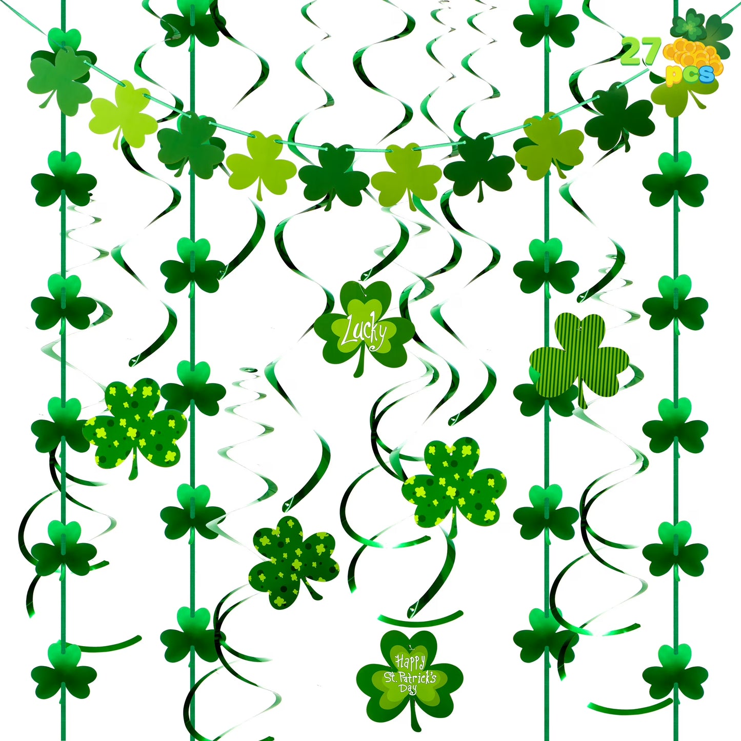 Joyfy 27 Pcs St. Patrick Day Decoration with Irish Saint Patrick Green Shamrock Foil Strings, Hanging Swirls with Garland Ceiling Hanging and Wall Decor