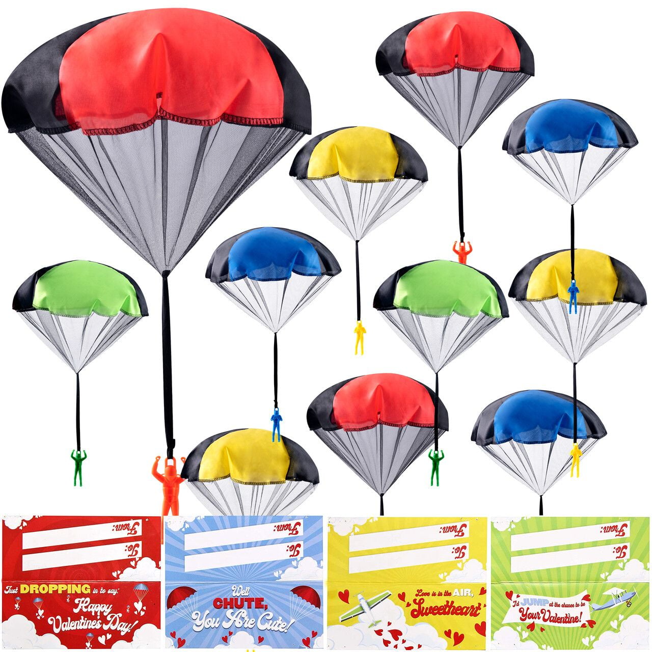 28 Pack Valentine's Day Parachute Toy with Cards,Army Soldiers Guys Toy, No Battery Throwing Hand Toy for Kids Party Favor, Valentine’s Greeting Cards