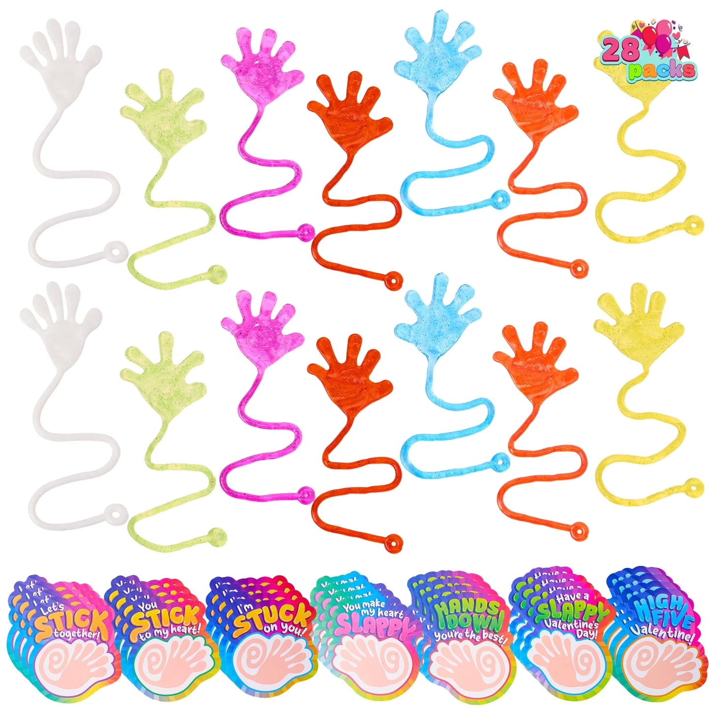 Joyfy 28 Pack Valentine's Day Sticky Hands with Cards, Classroom Exchange Gift for Kids, Classroom and Holiday Reward Prizes, Valentine’s Party Favors, Valentine Greeting Cards