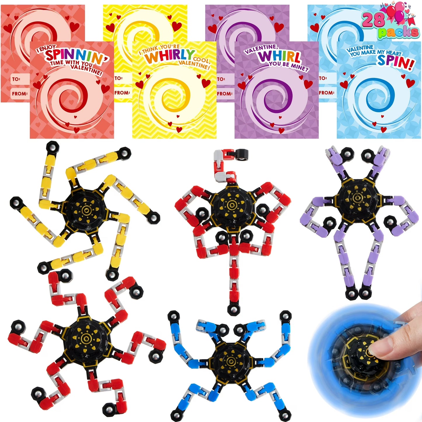 Joyfy 28 Packs Valentine¡¯s Cards with Fidget Spinners for Kids, Deformable Stress Relief Toys for Kids Valentines Party Favors, School Classroom Exchange Gifts
