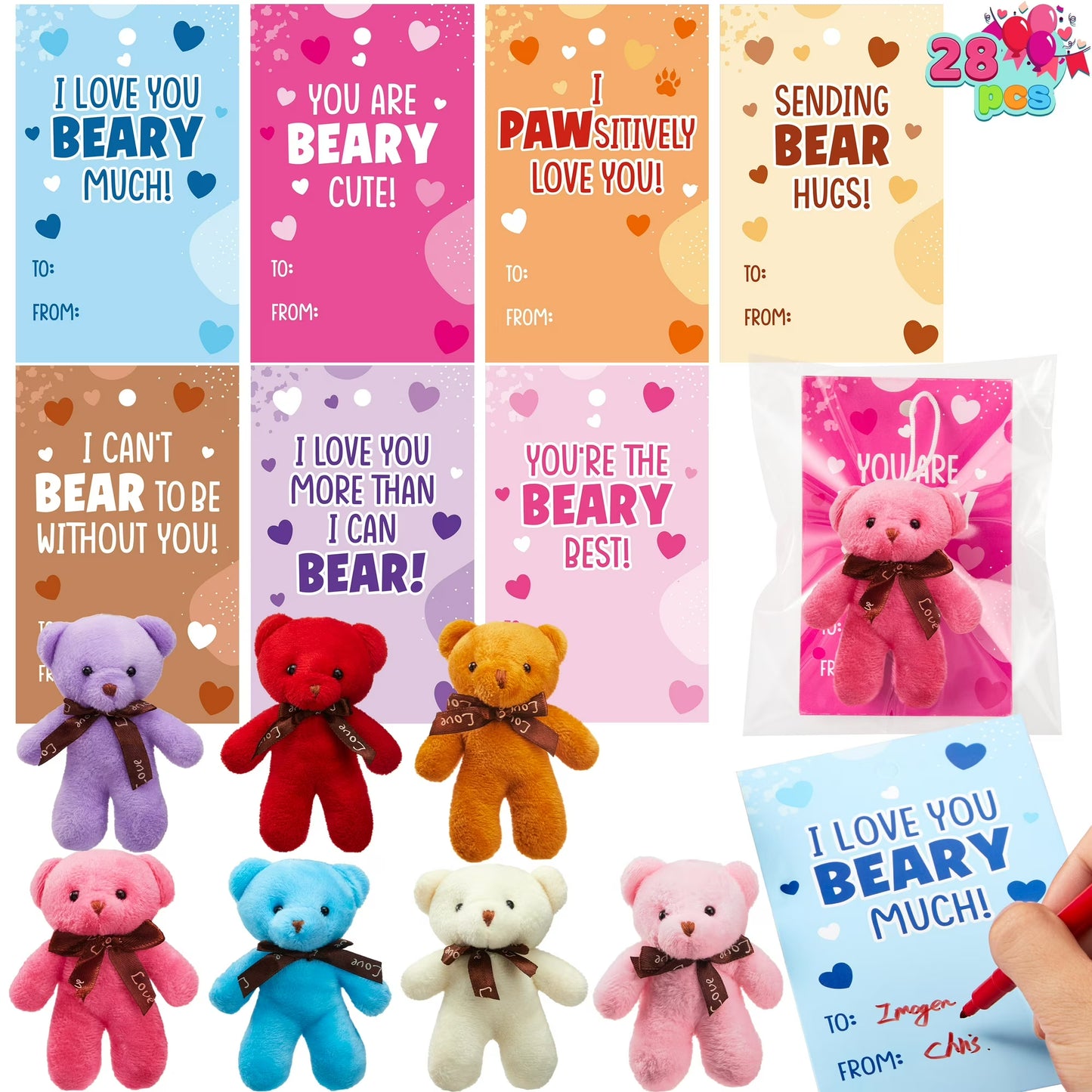 Joyfy 28 Packs Valentine Day Gift Cards with Mini Bears Plush Toy Party Favors, Mini Stuffed Animal Plush Toys Plush Toy for Valentines Day Gifts, Kids Classroom School Exchange Prize Brown Bear