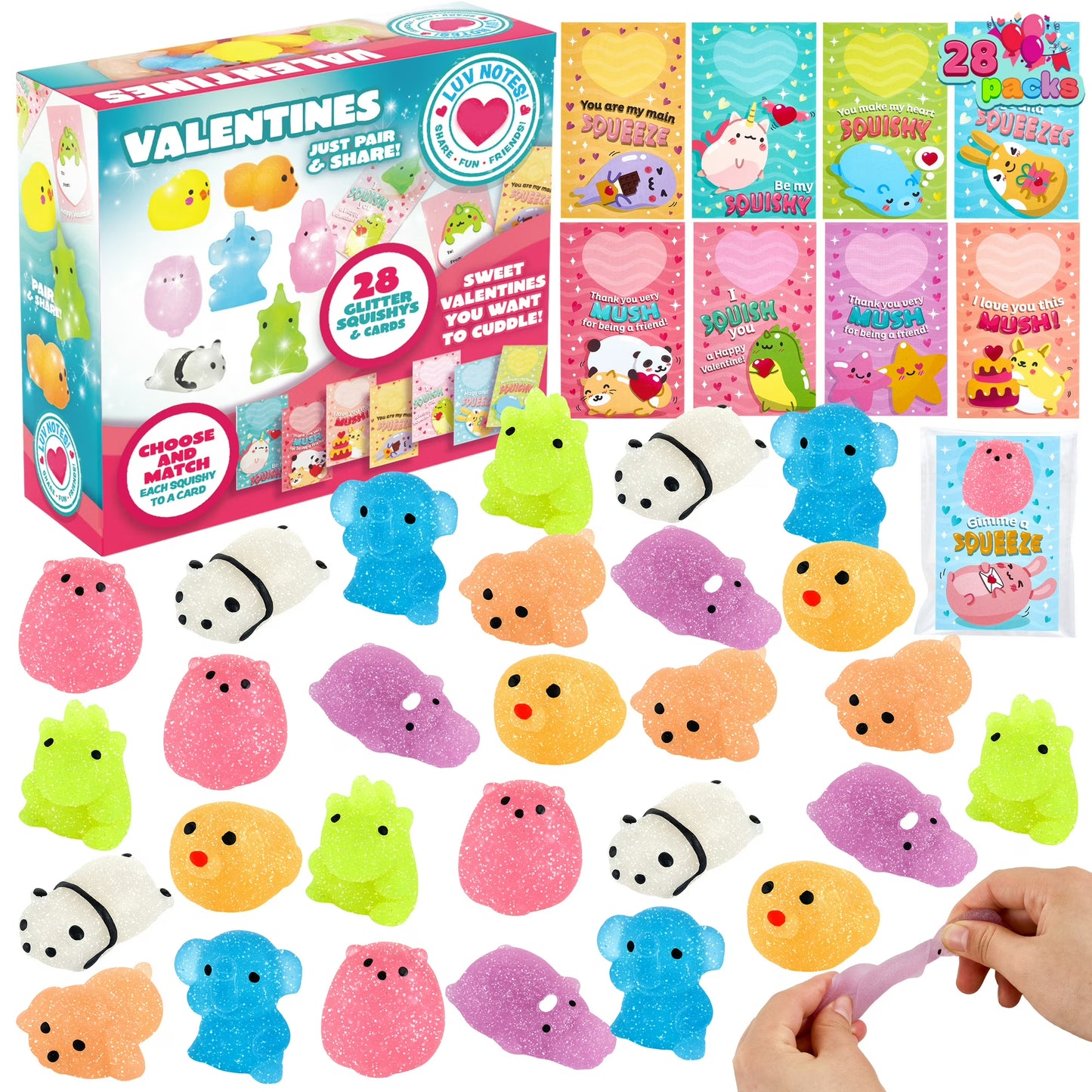 Joyfy 28 Packs Valentines Cards with Squishy Toys for Kids, Glitter Mochi Animal Squeeze Fidget Toys for Kids Valentines Favors Class Exchange Cards Gifts