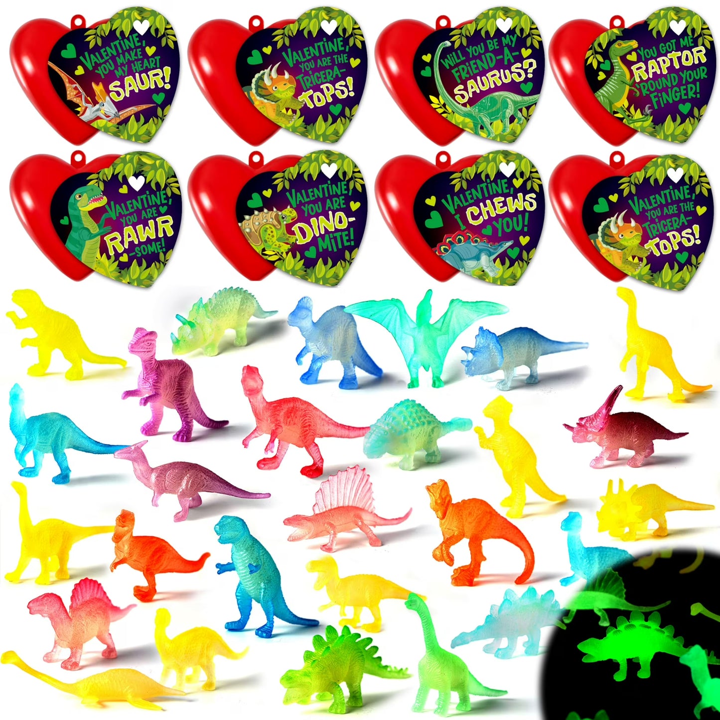 JOYFY 28 Packs Valentines Day Cards with Glow in dark Dinosaur Toys and Heart Shells for Valentine Kids Party Favor, Classroom Exchange Prizes, Valentine¡¯s Greeting Cards