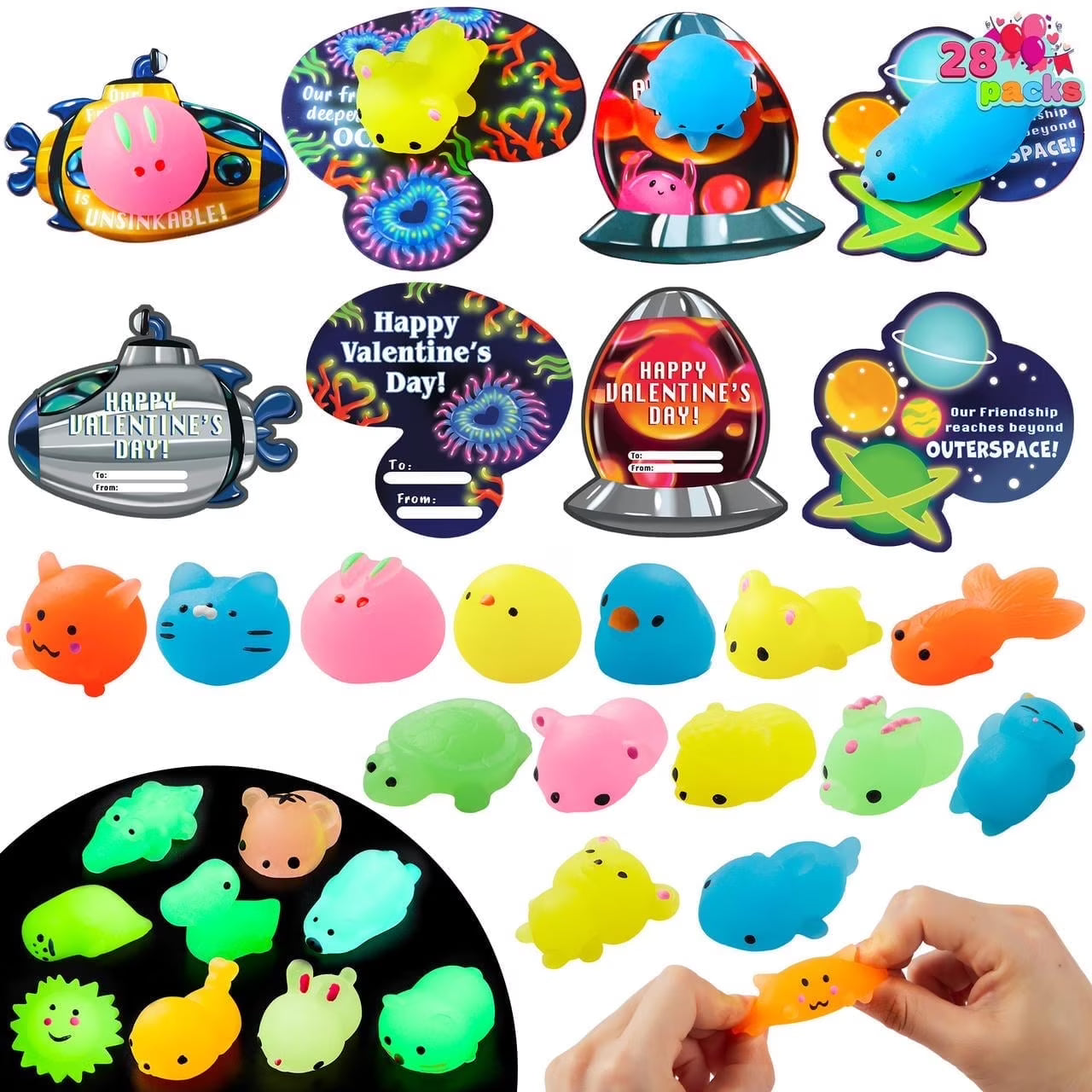 Joyfy 28 Packs Valentines Day Gift Cards with Mochi, Glow in The Dark Mochi squishy toys, Stress Relief Fidget Toys for Kids Valentine Classroom Exchange, Party Favors, School Prizes