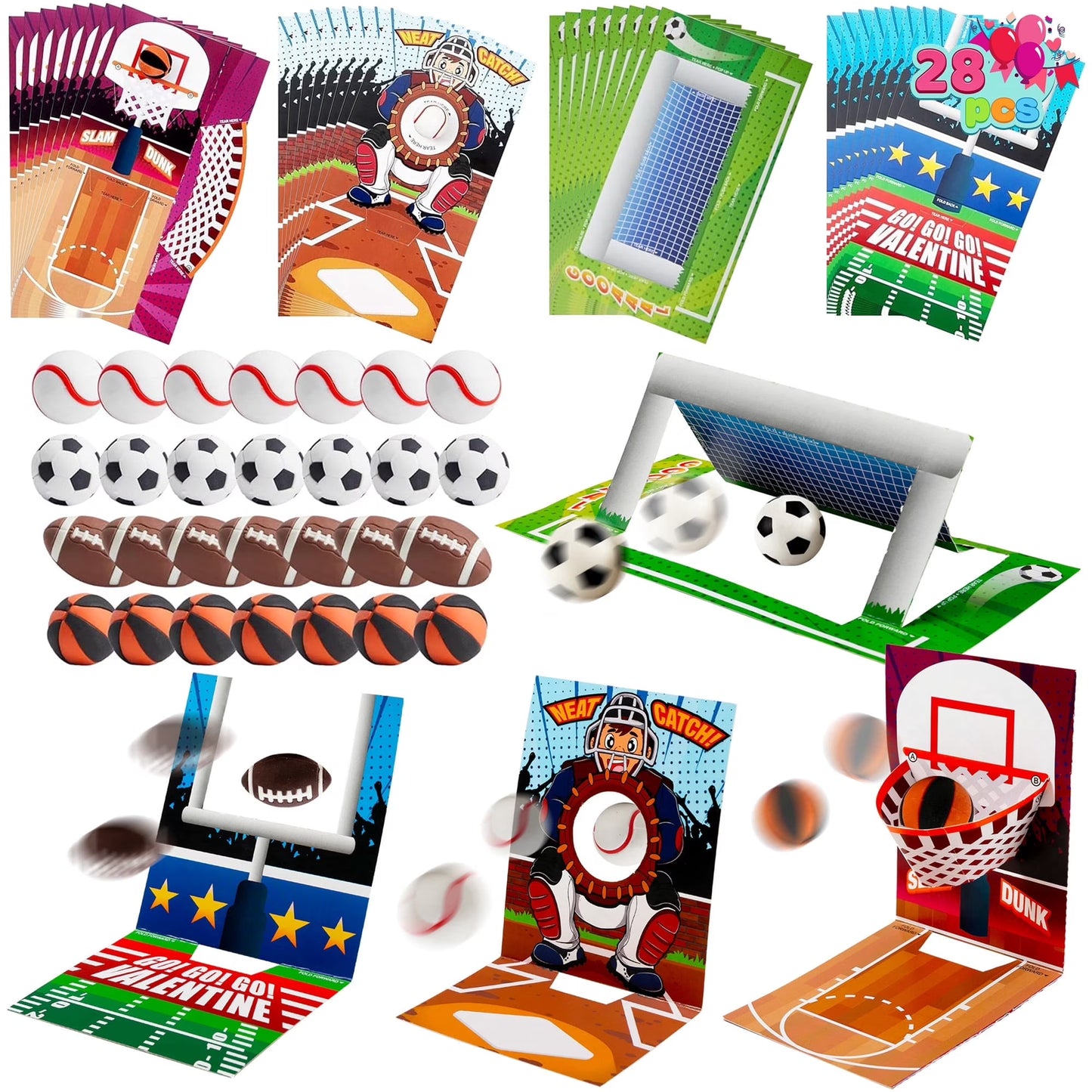 Joyfy 28 PCS Fun Valentine Cards for Kids Classroom,Sports Game Card and Erasers for Classroom Exchange Prizes, Valentine’s Greeting Cards Kids Party Favor