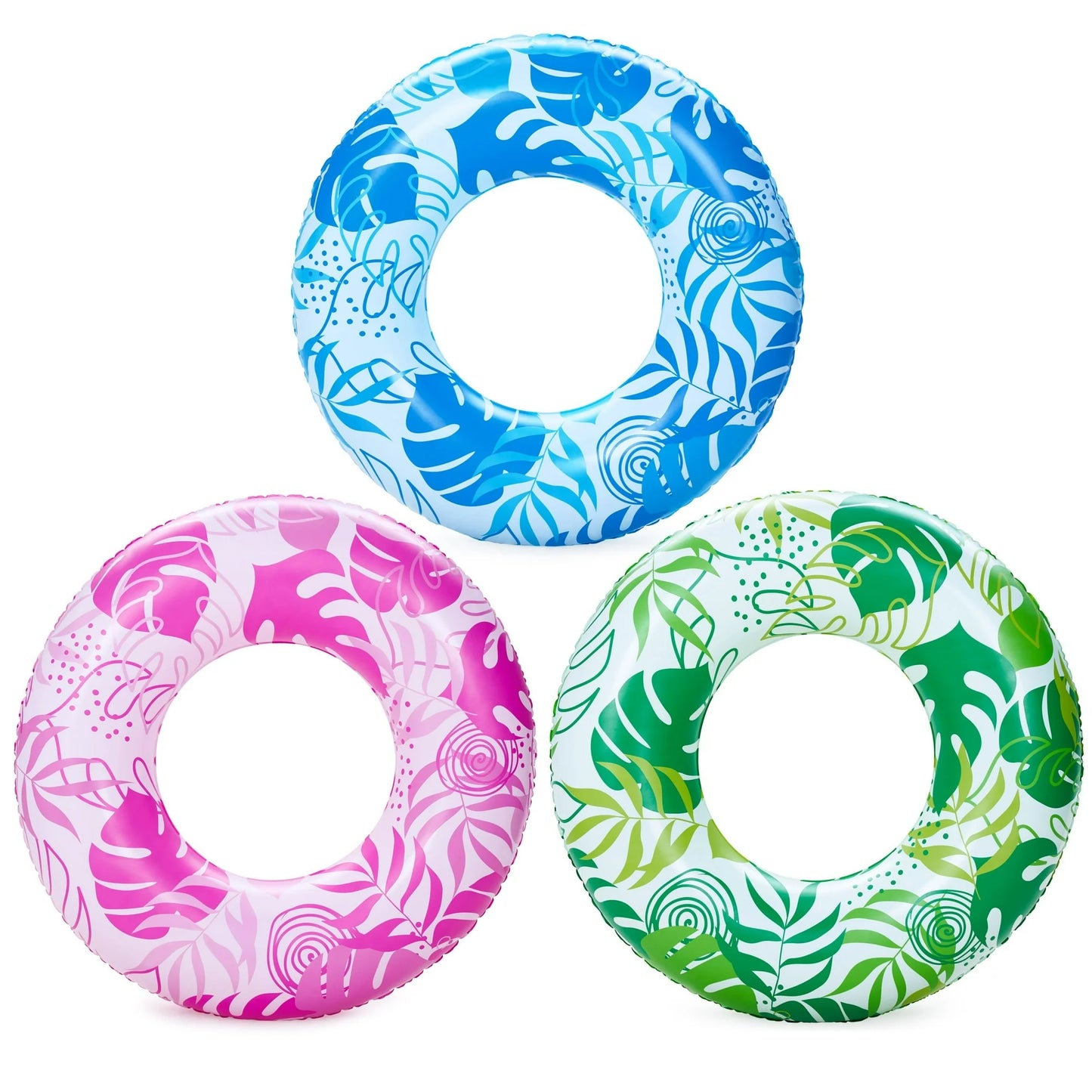 Syncfun 3 Packs Inflatable Tropical Leaves Swim Tubes,Swim Ring Pool Party Toy for Summer Pool Party Beach Vacation (Blue, Pink, Green)