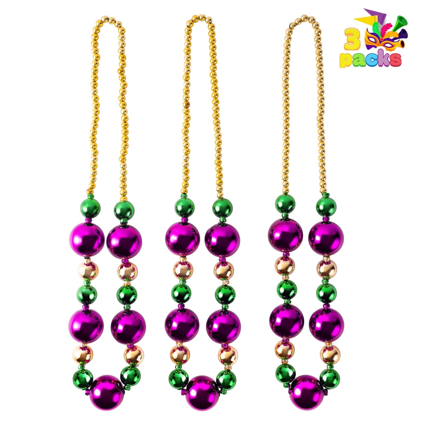 JOYFY Mardi Gras Jumbo Bead Necklaces,3 Pcs 44 inch Necklace for Party Decorations, Gold Green Purple Beads for Mardi Gras Parade Carnival Supplies, Costume Outfit Accessories