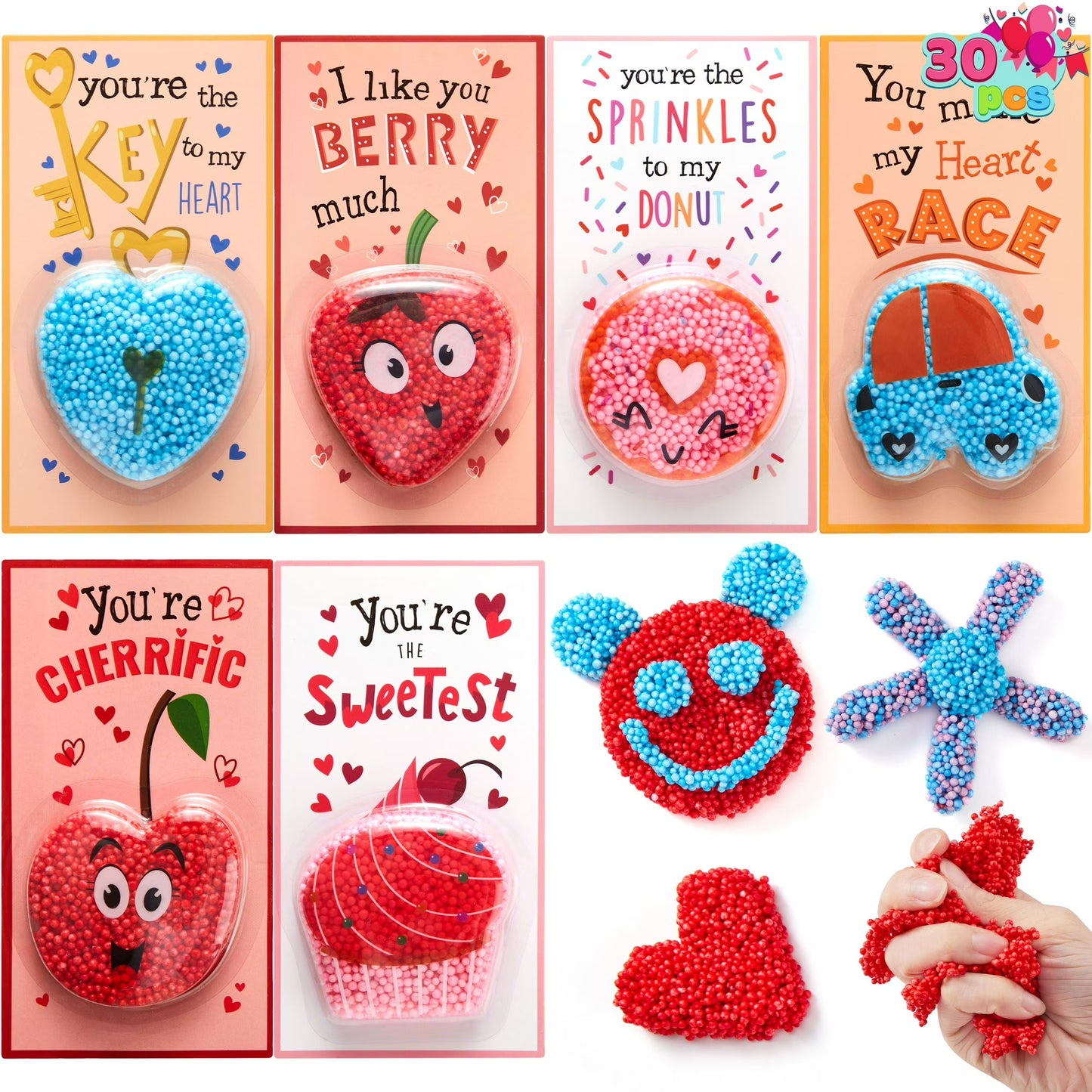 Joyfy 30 Packs Valentine Day Gift Cards with Play Modeling Squashy Bead Foam, Fun Modeling Foam Toy for Valentine Party Favor, School Classroom Gift Exchange Prizes
