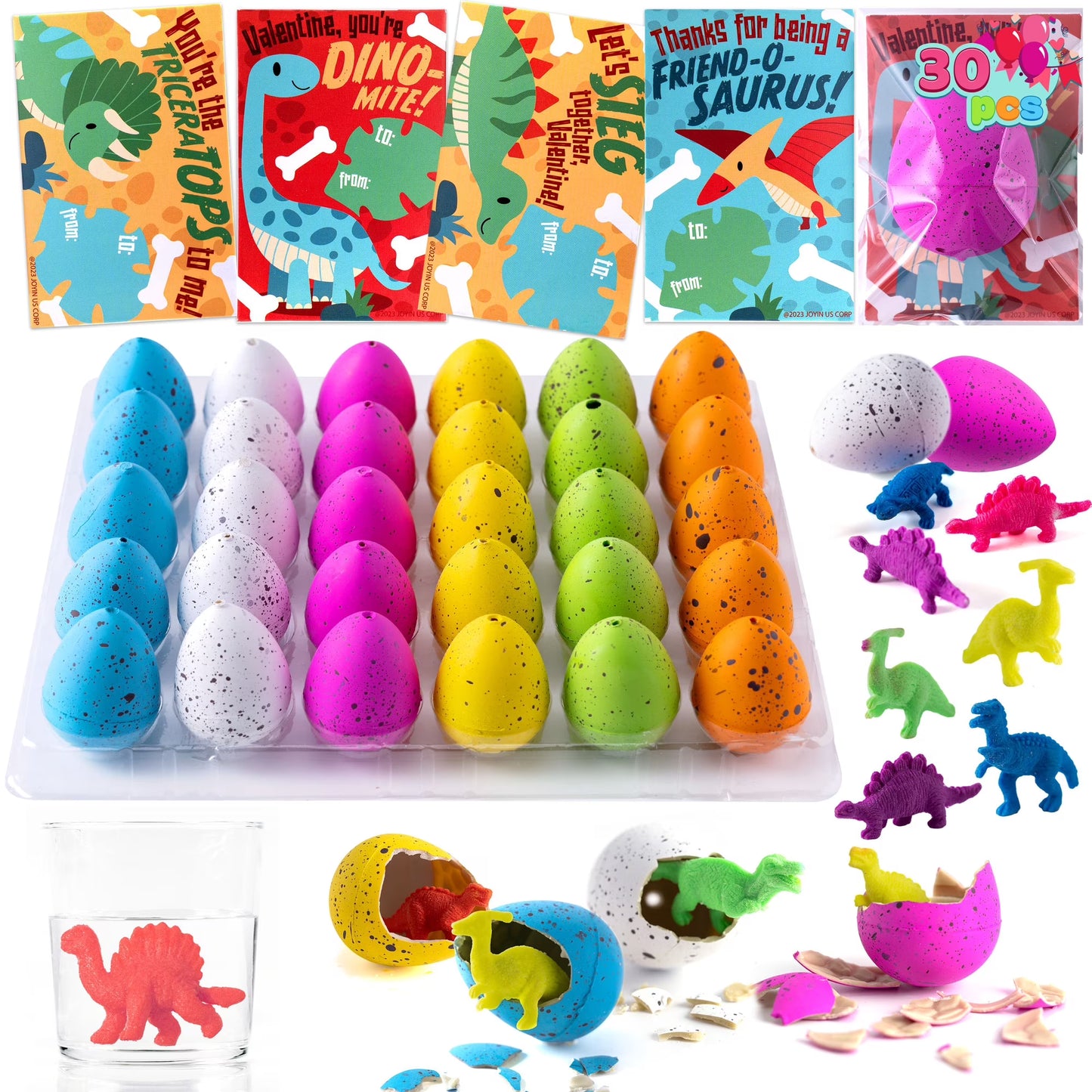 JOYFY 30 Packs Valentines Day Cards with Hatch Growing Dinosaur Eggs Toys with hangers for Valentine Kids Party Favor, Classroom Exchange Prizes, Valentine’s Greeting Cards