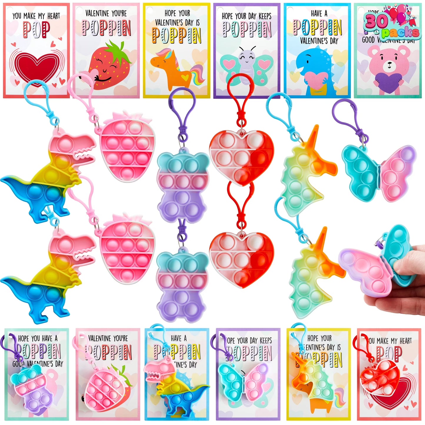 Joyfy 30 Packs Valentine Cards with Pop Fidget Keychain Toys, Stress Anxiety Relief Fidget Toys for Kids Classroom Exchange Prizes, Party Favors