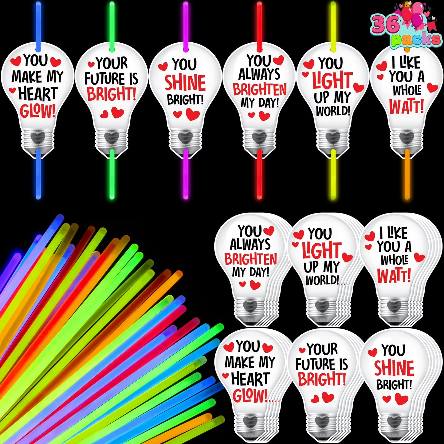 Joyfy 36 Packs Neon Valentines Day Gift Bulb Cards with Glow Sticks, Glow Necklaces for Valentine Party Favor, Valentine Classroom Exchange Gifts, Valentine School Prize