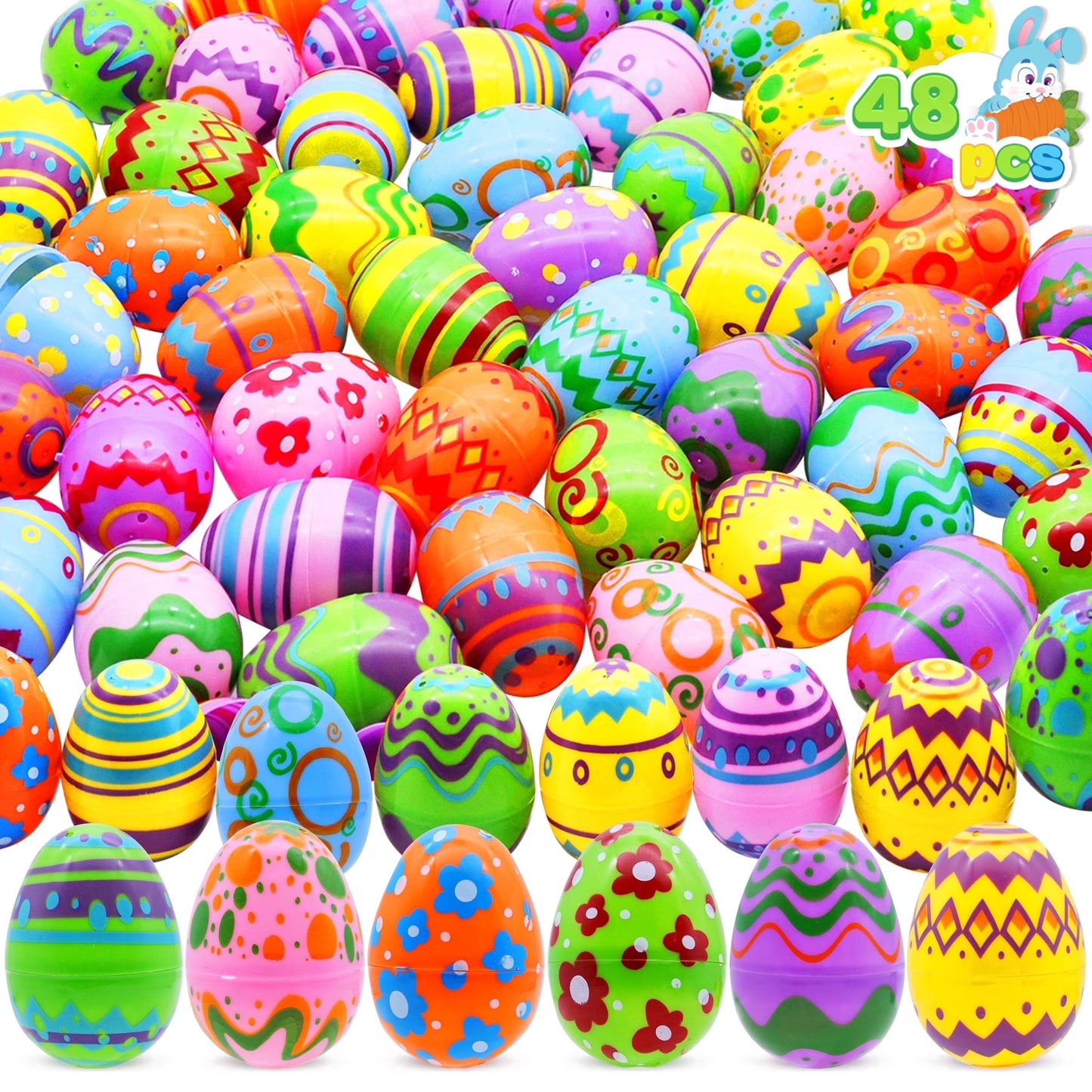 Joyfy 48 Pcs Bright Easter Eggs, 2.3 Tall Emply Plastic Printed Easter Eggs for Easter Egg Hunt, Basket Stuffers Fillers, Classroom Prize Supplies, Filling Treats and Party Favor