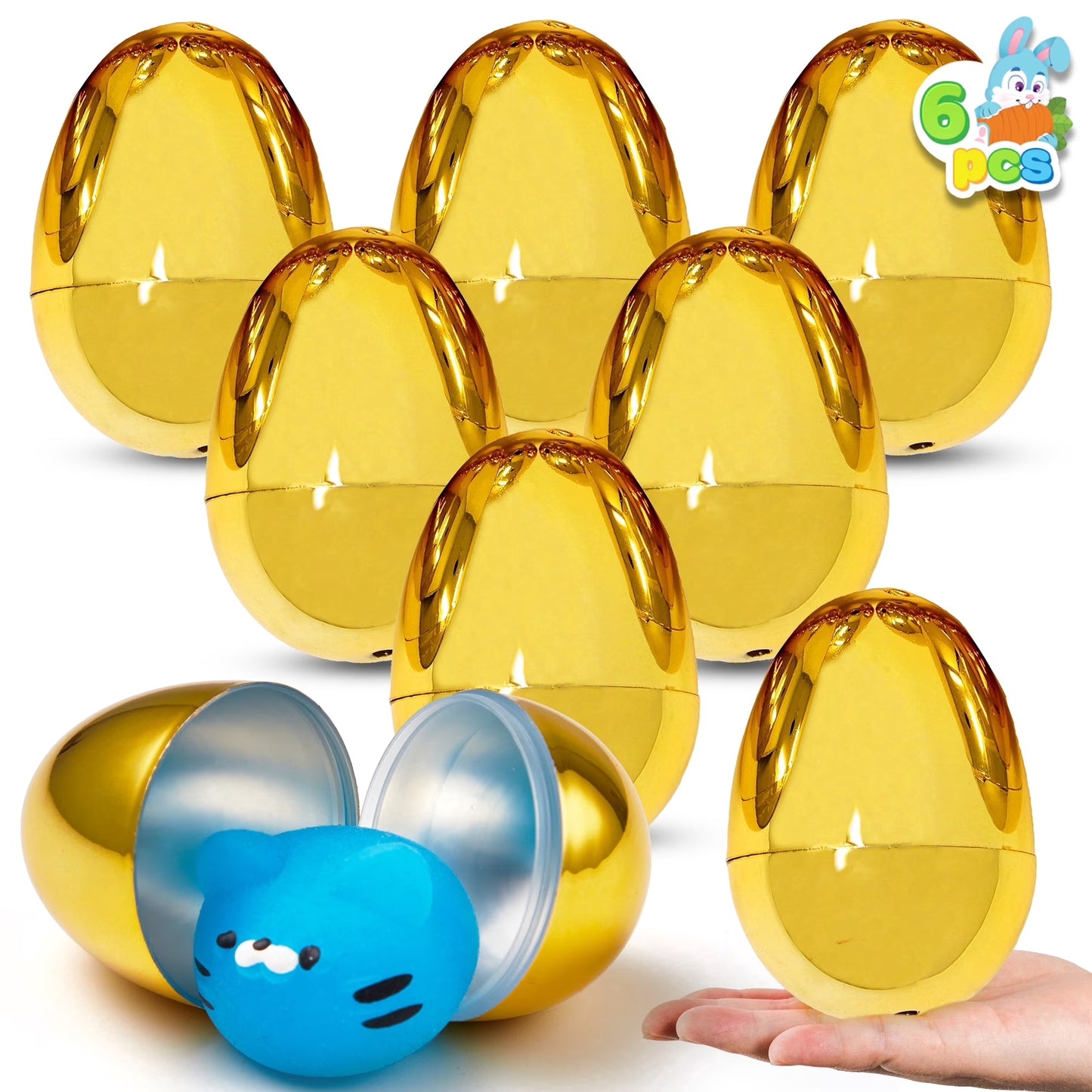 Joyfy 6 Pcs Golden Easter Eggs, 2.3 Metallic Plastic Empty Golden Eggs Fillable for Easter Hunt, Filling Treats, Party Favor, Basket Stuffers, Classroom Prize Supplies