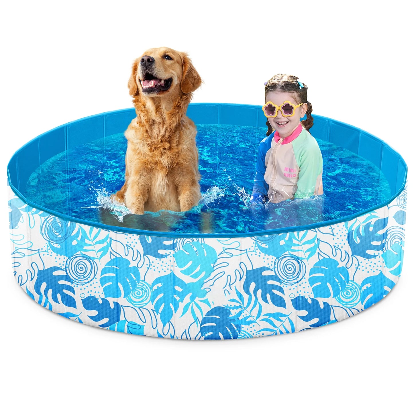 Syncfun Foldable Dog Bath Pool - Collapsible Dog Pet Pool Bathing Tub Kiddie Pool 48" x 12" (Blue Leaves)