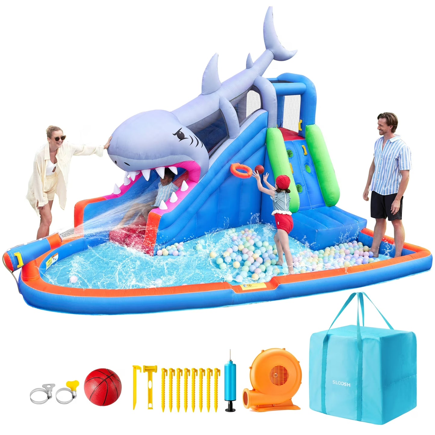 Inflatable Water Slide Shark Bouncy House, Kids Bounce House with Splash Pool, Slide, Basketball Hoop, Climbing Wall, Water Cannon, Jumping Castle for Kids 3-12, Indoor & Outdoor