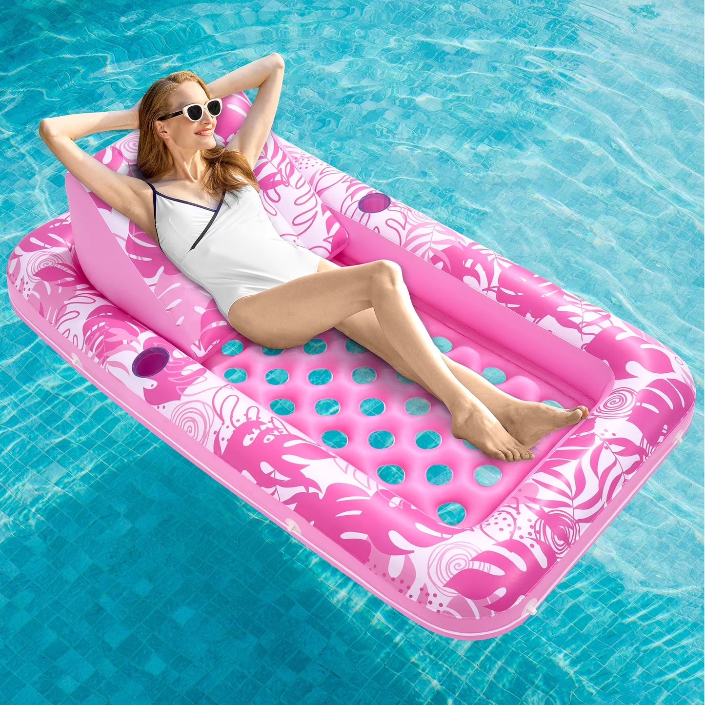 Inflatable Pool Floats for Adults, 72" x38'' Daybed Pool Lounger Adults with Cup Holders, Adjustable Backrest Tanning Lounger Chair, Ultra-Comfort Pool Floaties Raft Lake Beach Float(Pink)