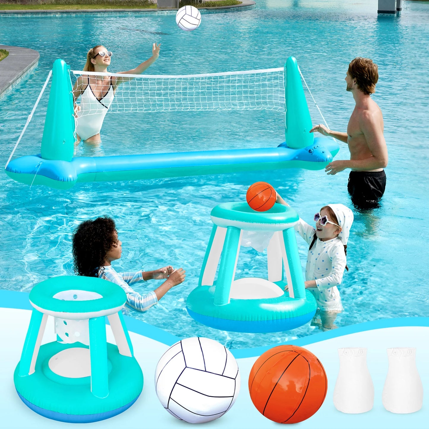 SYNCFUN Inflatable Pool Float Game Set with Inflatable Volleyball Net & Basketball Hoops, Summer Pool Game for Kids and Adults