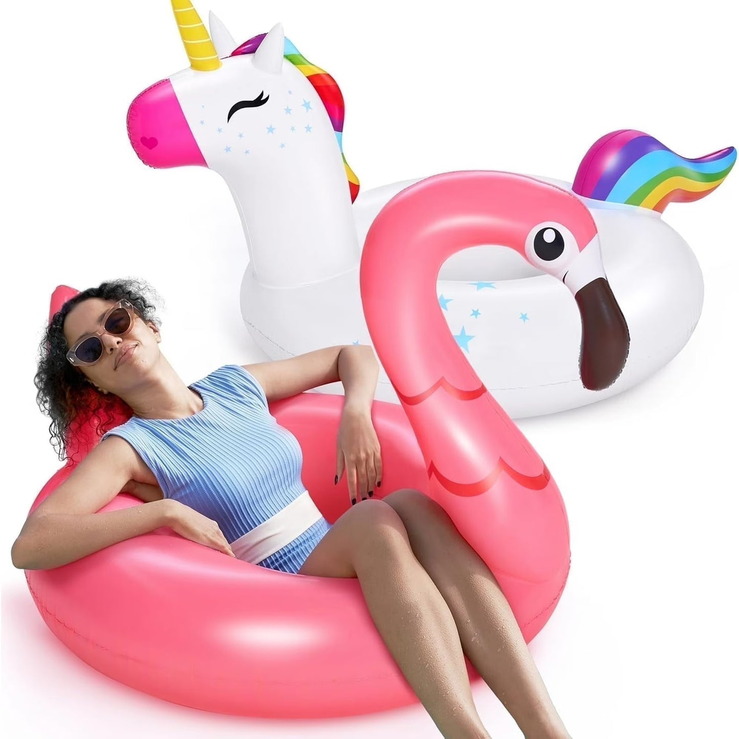 SYNCFUN 2-Pack Unicorn Flamingo Pool Floats, Pool Tubes for Floating, Fun Beach Floaties, Summer Party Pool Toys for Adults Kids