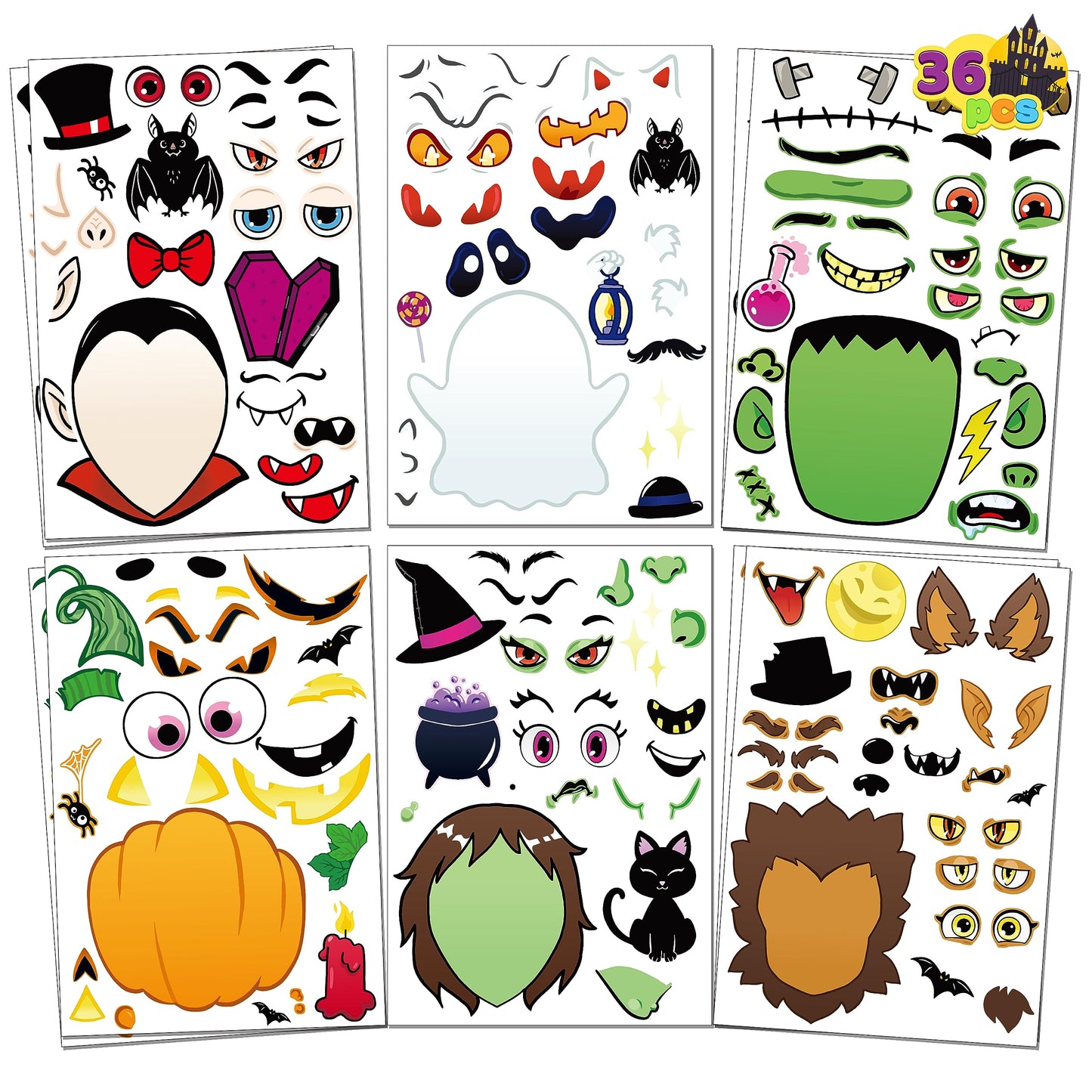 JOYIN 36 PCS Make-a-face Sticker Sheets Make Your Own Halloween Characters Mix and Match Sticker Sheets with Vampire,Witch,Frankenstein,Ghost and More Halloween Kids Party Favor Supplies Craft