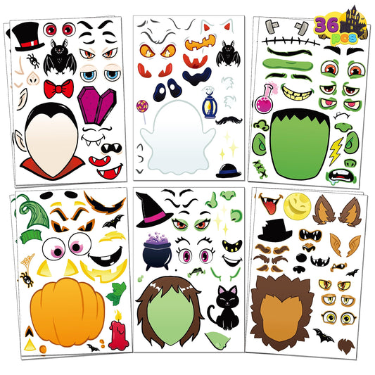 JOYIN 36 PCS Make-a-face Sticker Sheets Make Your Own Halloween Characters Mix and Match Sticker Sheets with Vampire,Witch,Frankenstein,Ghost and More Halloween Kids Party Favor Supplies Craft