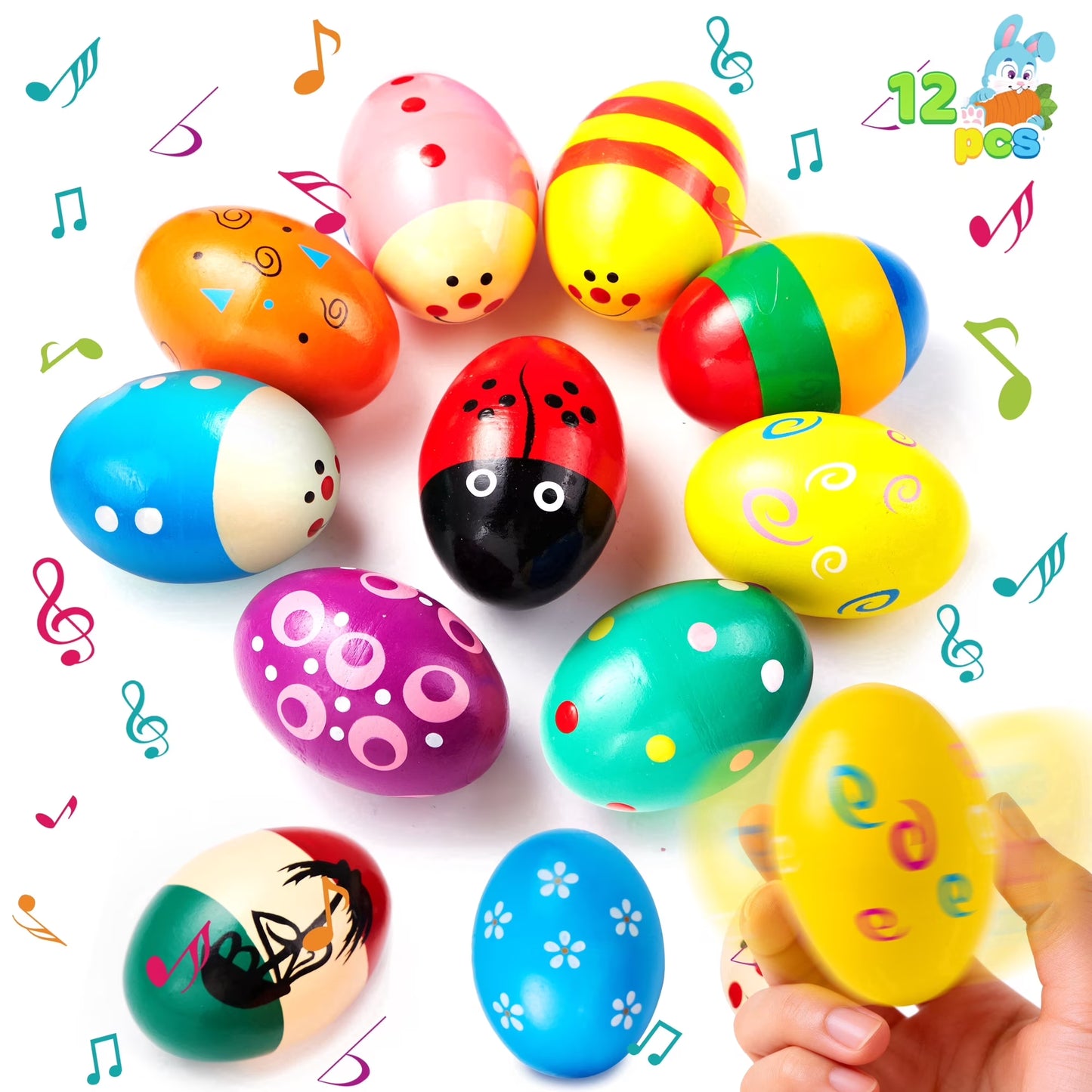 Joyfy 12 Pcs Wooden Egg Shakers Maracas Percussion Musical Toys for Party Favors, Easter Basket Stuffers Fillers,Classroom Prize Supplies,Gifts for Kids Toddlers 1.9 * 2.7