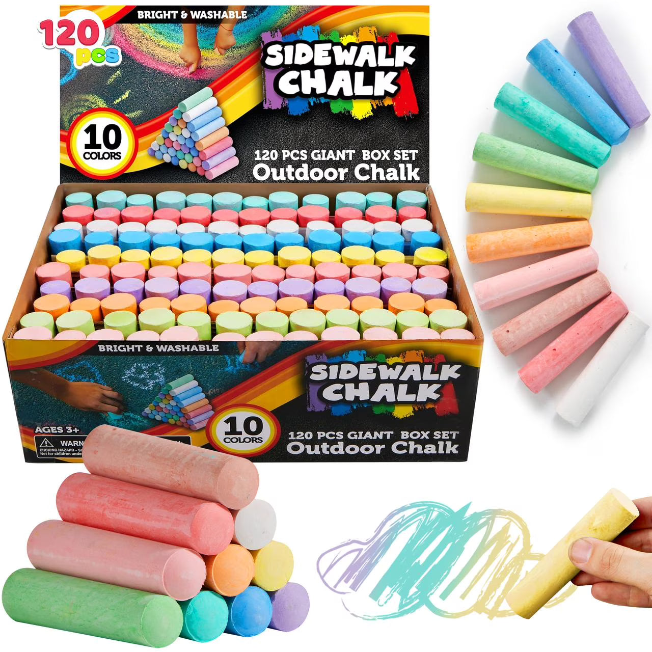Joyfy 120pcs Sidewalk Chalk for Kids, Washable Chalk for Outdoor Art Play, Painting Toy on Chalkboard, Blackboard and Playground
