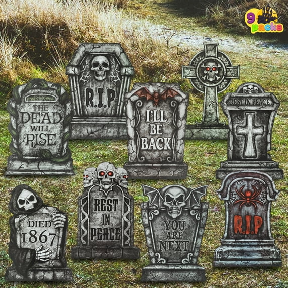 Joyfy 9 Pack 16 Inch Halloween Outdoor Tombstone Decorations, Cemetery Yard Lawn Plastic Tombstones for Halloween Cemetery Party Decorations