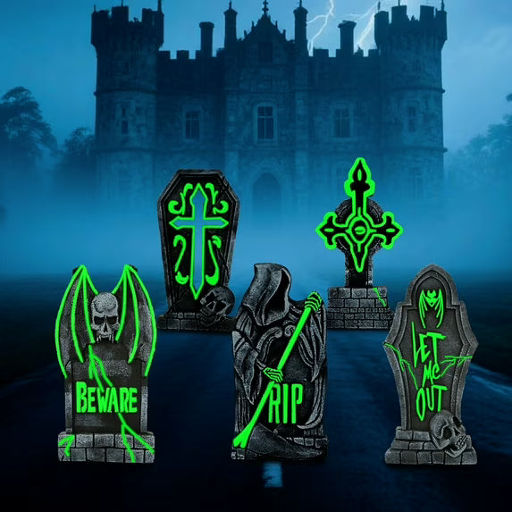 Joyfy 5-Pack 17 Inch Halloween Tombstone Outdoor Decorations, Foam RIP Cemetery Headstone Decorations and 12 Halloween Yard Lawn Decoration Metal Stakes