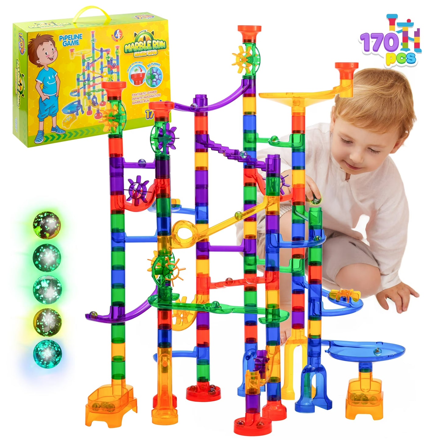 Joyfy 170 Pcs Glowing Marble Run for Kids, STEM Construction Building Toys with 5 Glow in The Dark Glass Marbles, Christmas Birthday Easter Gift for Boys & Girls 3-5 4-8