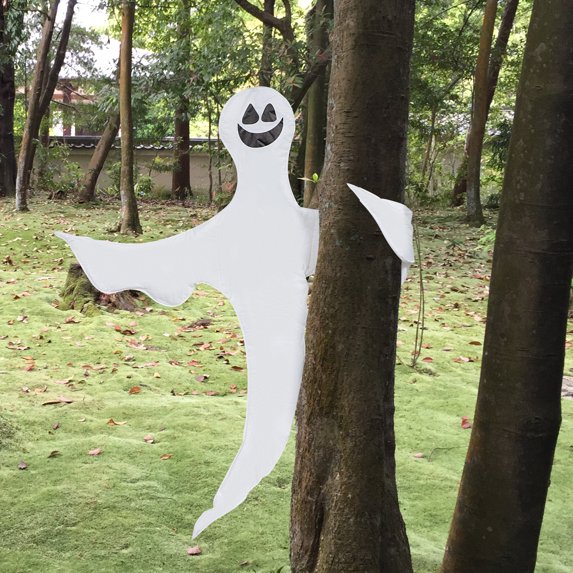 Joyfy Halloween Tree Wrap Ghost Decoration, Smiling Ghost Design Decorations, Halloween Outdoor, Lawn, Tree Decor, Party Supplies 53 inch