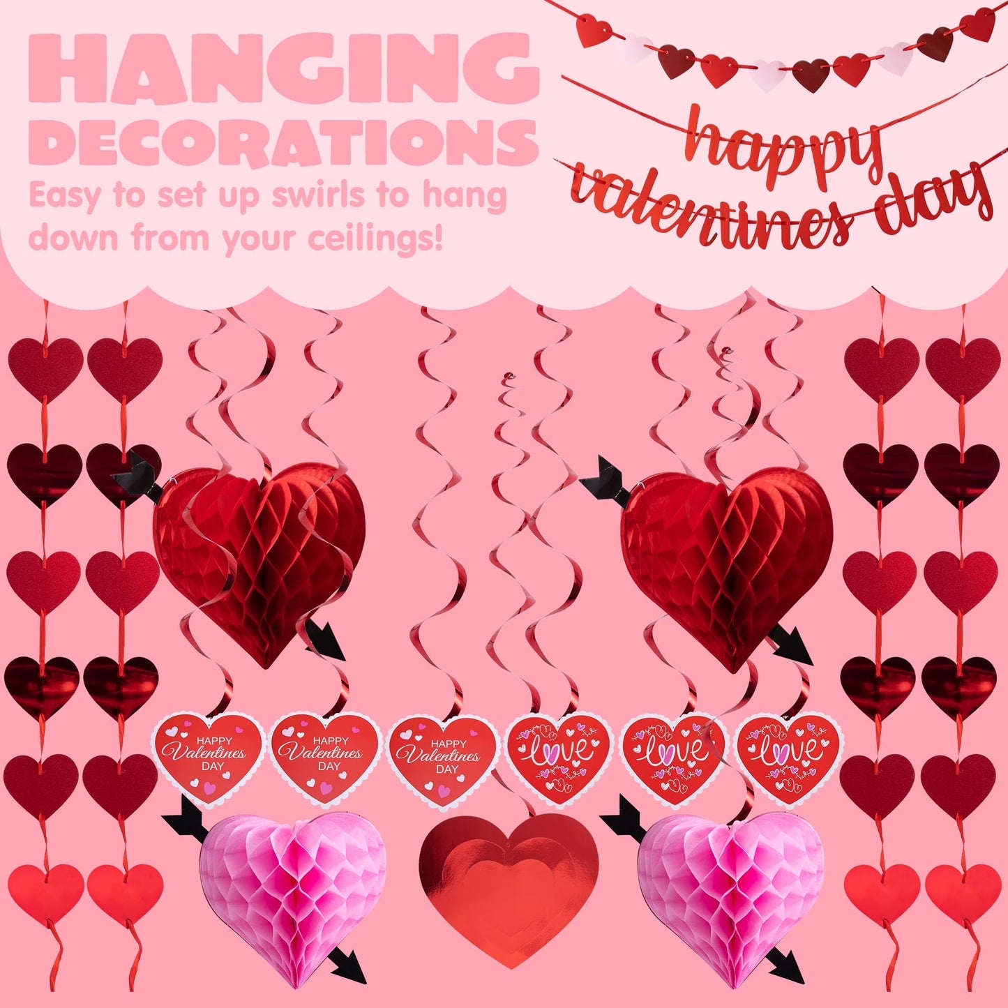Joyfy 20 Pcs Valentines Day Party Decorations,Valentine Banner,Cutouts Swirls Garland,Tissue Fans & Tissue Poms for Valentines Day Decor Party Supplies