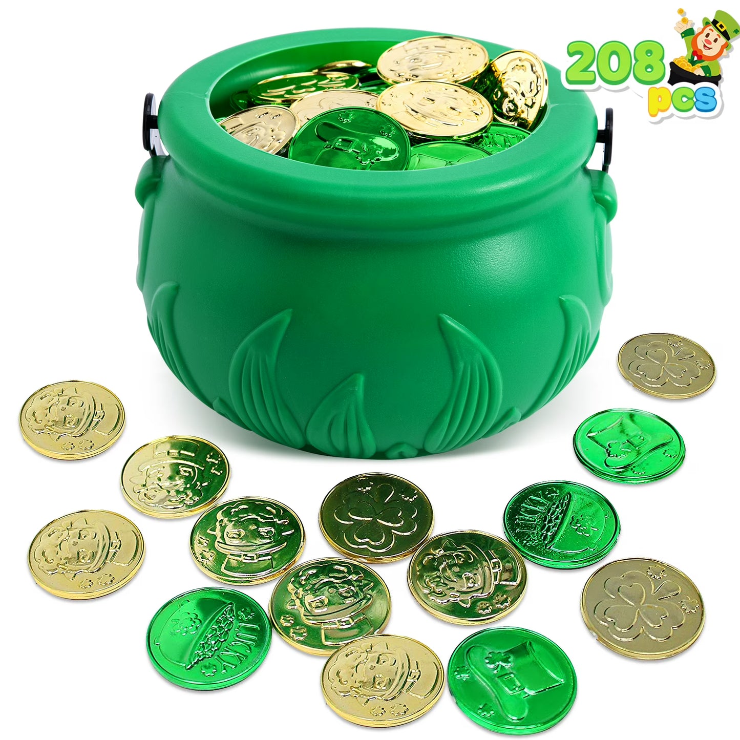 Joyfy 208 Pcs St. Patrick¡¯s Day Lucky Leprechaun Plastic Coins and 1 Large Green Cauldron with Handle Saint Patrick Pot of Gold Party Supplies