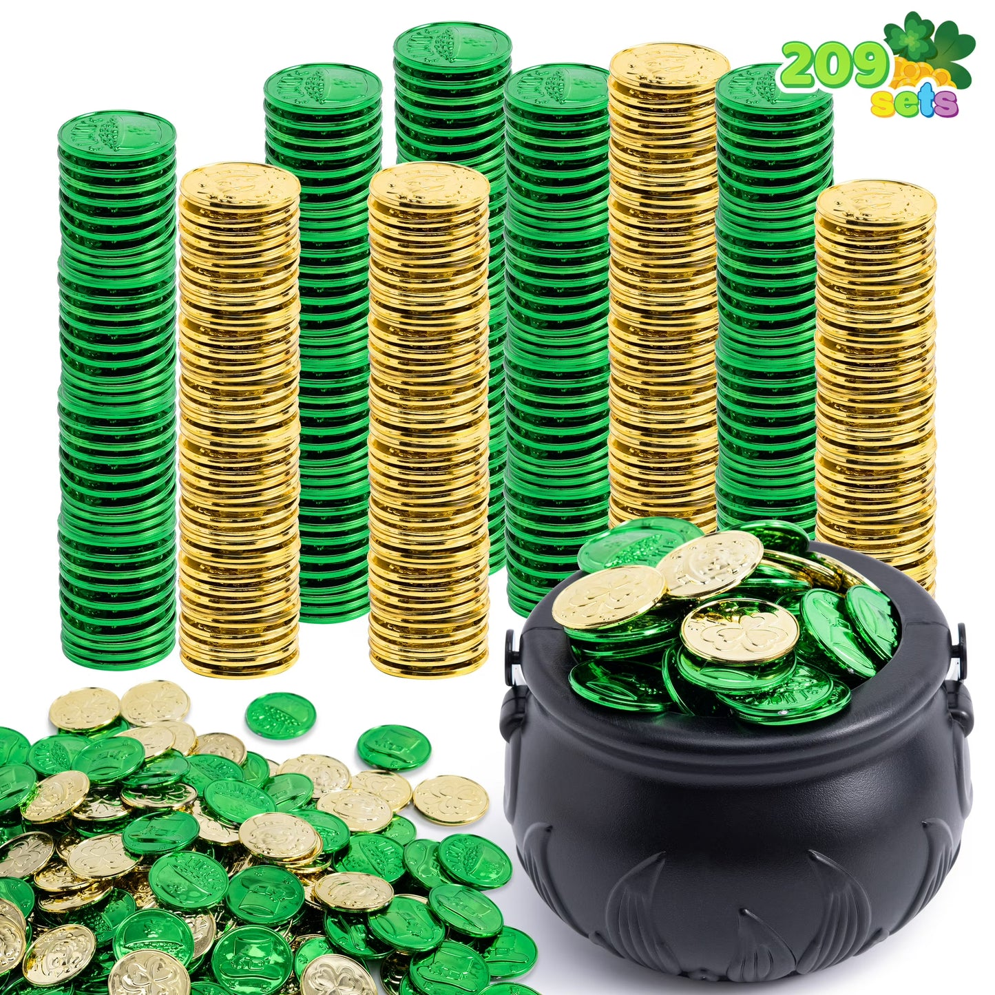 Joyfy 208 Pcs St Patrick¡¯s Day Lucky Leprechaun Plastic Coins and 1 Large Black Cauldron with Handle Pot of Gold Party Supplies, St. Patrick Decorations Party Favors