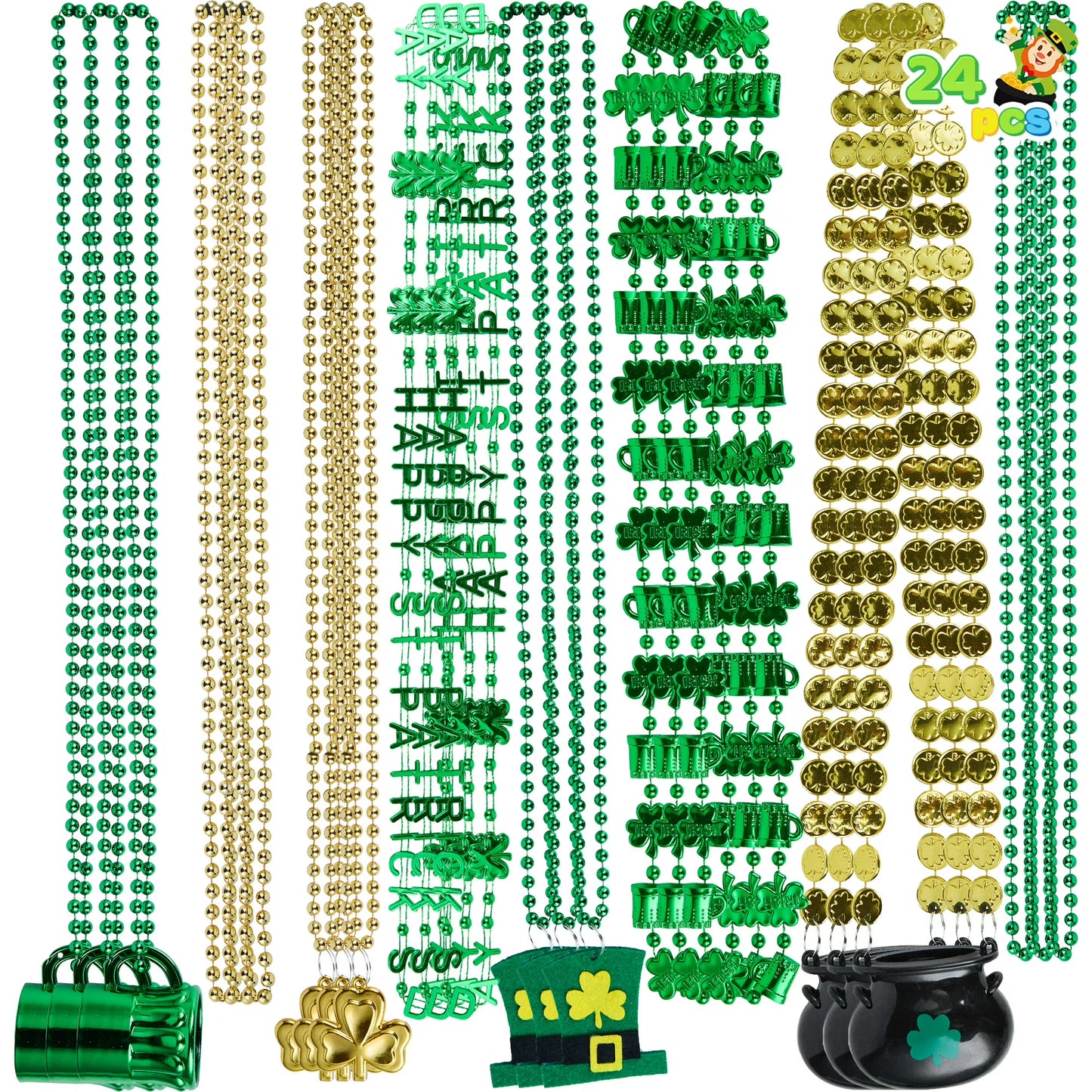 Joyfy 24 Pcs St. Patrick Day Necklaces Set with Shamrock, Beer Mug, Hat, Pot, Gold Coin Elements, Green Plastic Bead Necklace Jewelry for St. Patricks Party Decorations Dress Up Accessories Costume