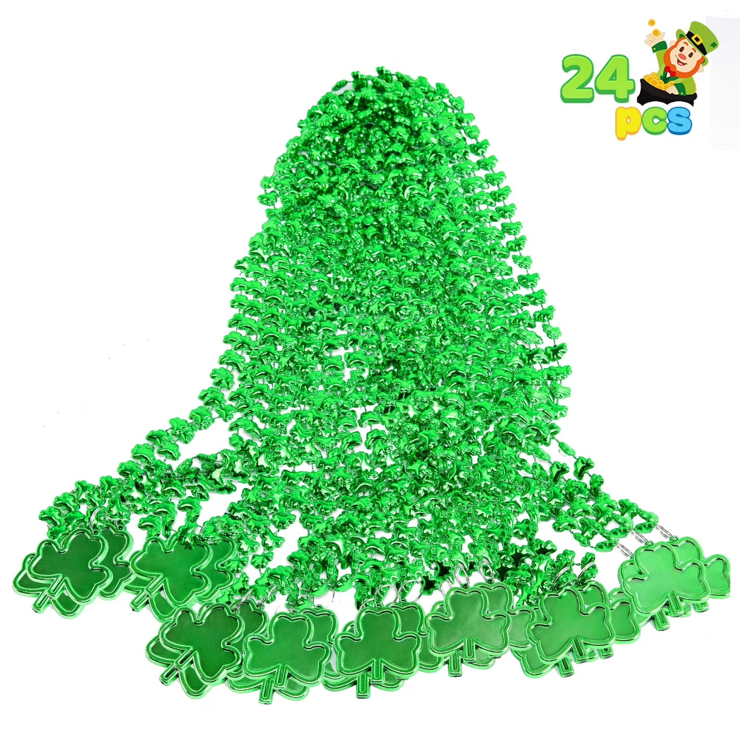 Joyfy 24 Pcs St Patricks Shamrock Necklaces,Green Clover-Shaped Bead Necklace with Pendant for St. Patrick Day Party Supplies