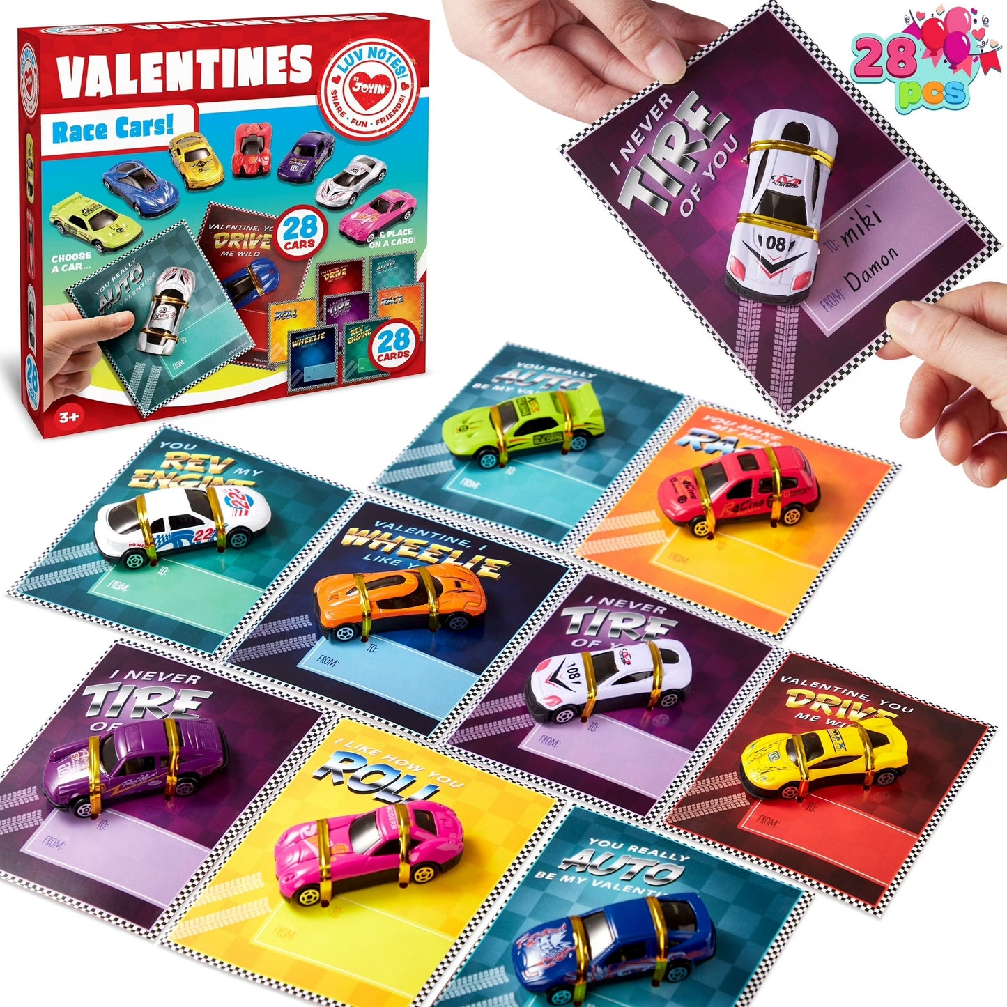 Joyfy 28 PCS Valentines Day Cards with Die-Cast Racing Cars for Kids, Valentine School Classroom Exchange Party Favors Gifts