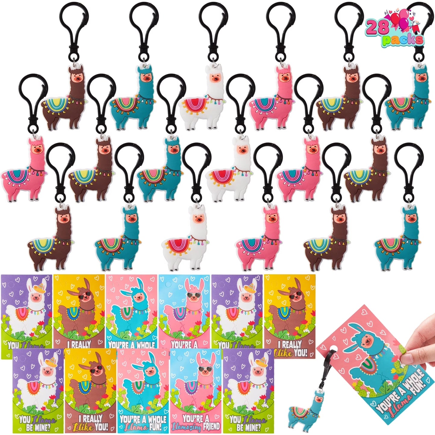 Joyfy 28 Pack Valentines Day Cards with Llama Keychain for Kids, Valentine Classroom Exchange Gifts Valentines Party Favors