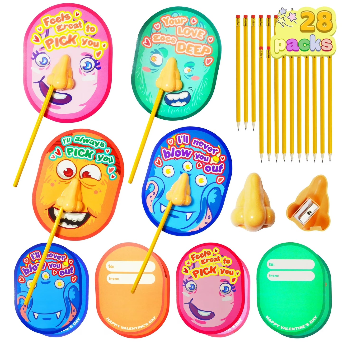 Joyfy 28 Packs Valentine Day Cards with Nose Pencil Sharpeners for Kids,Funny Nose Sharpeners Valentines Gifts, Valentine Favors, Class Exchange Pack Bulk 28 Cards,28 Nose Sharpeners,28 Pencils
