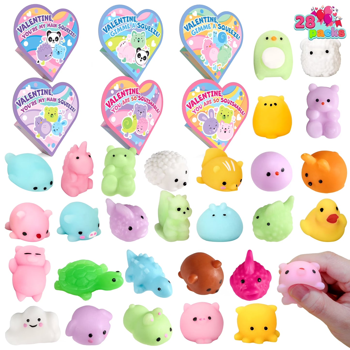 Joyfy 28 Packs Valentine Mochi Squishy Toys with Heart Boxes for Kids, Stress Relief Fidget Toys for Valentines Party Favors, School Classroom Exchange Cards Gifts