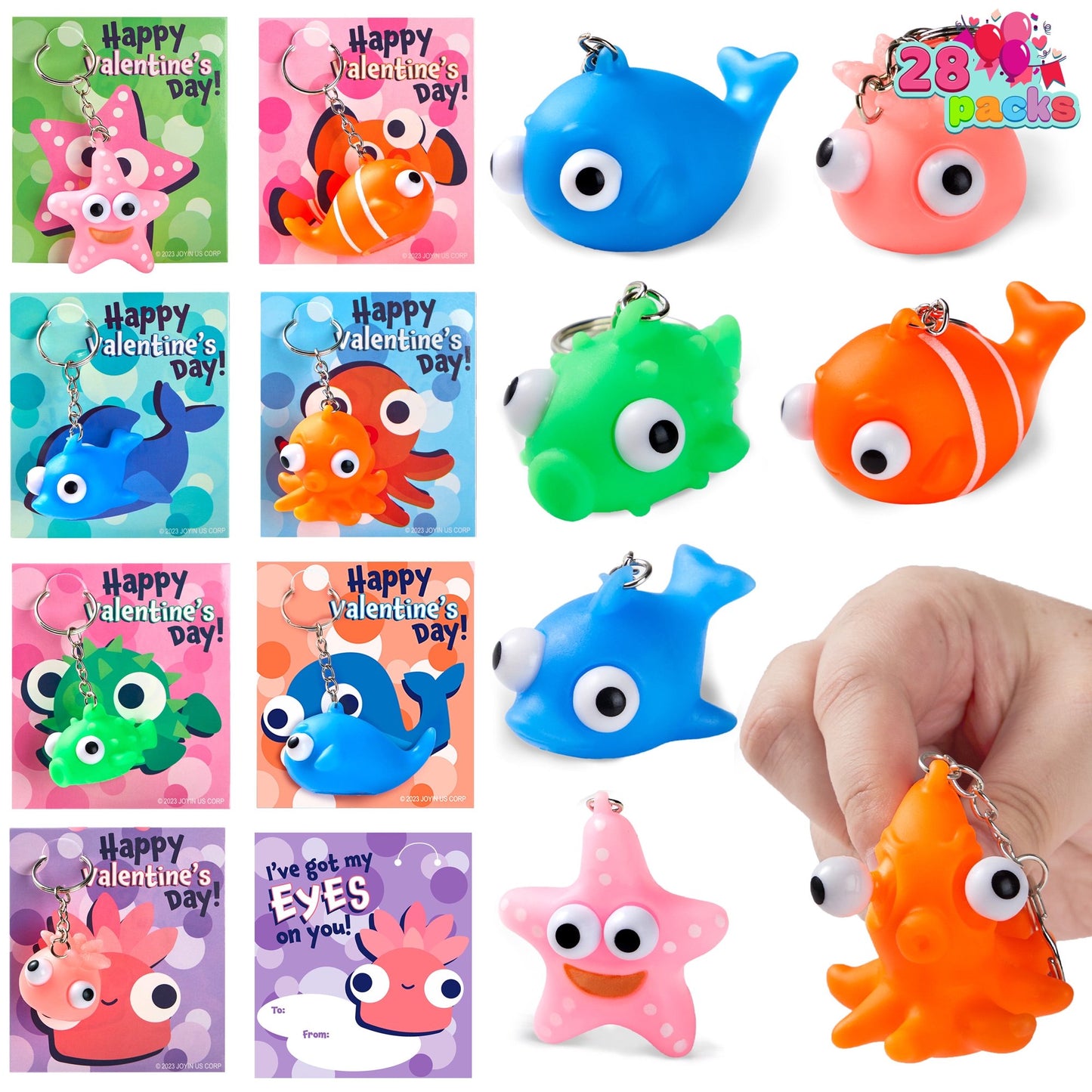 Joyfy 28 Packs Valentine Day Cards with Sea Animal Unzip Popping Eyes Keychains for Kids Classroom Exchange Gifts, Valentines Party Favor