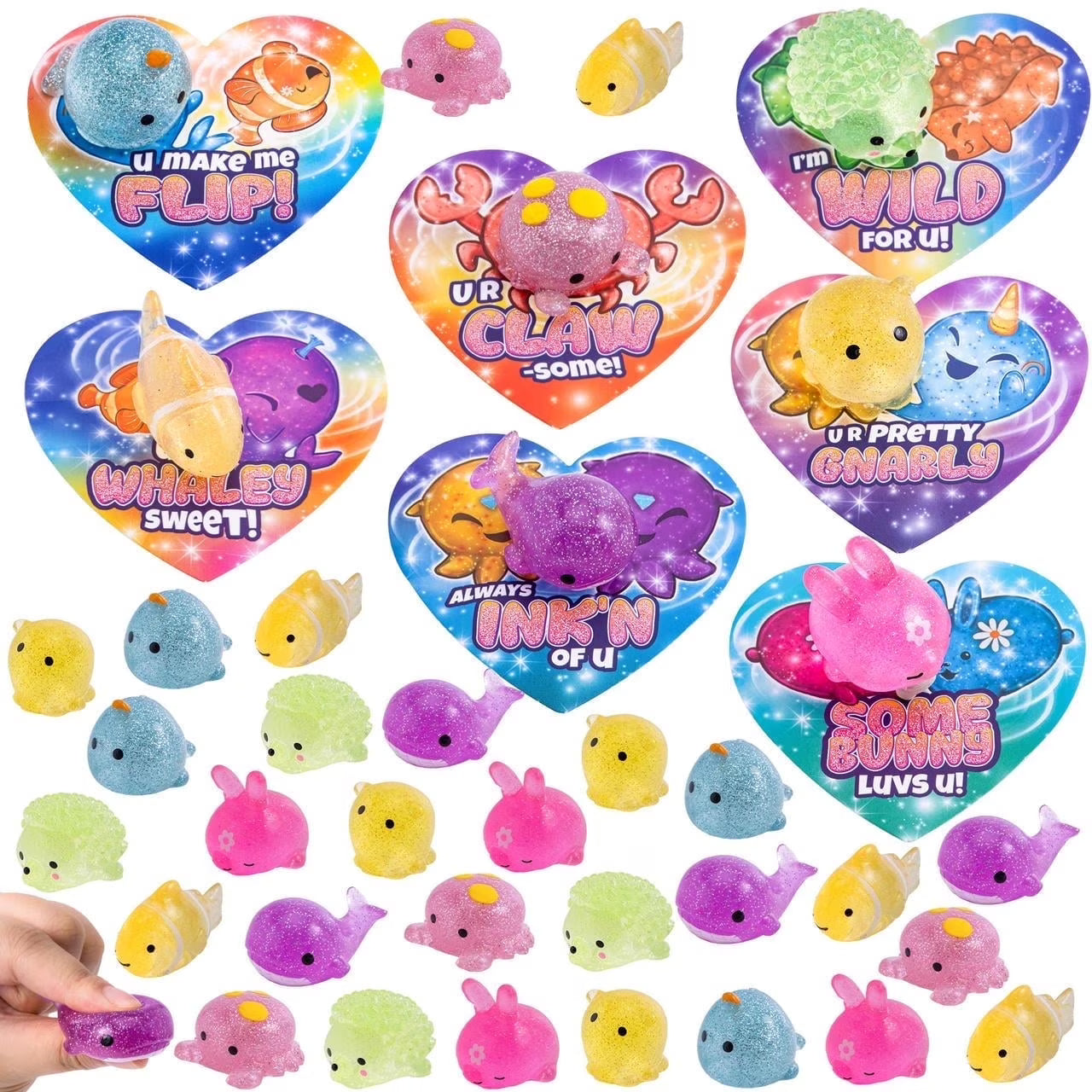 Joyfy 28 Packs Valentines Day Cards with Glitter Mochi Squishy Toys pack, Cute Squeeze Fidget Toys for Kids Valentine School Class Exchange Cards Gifts