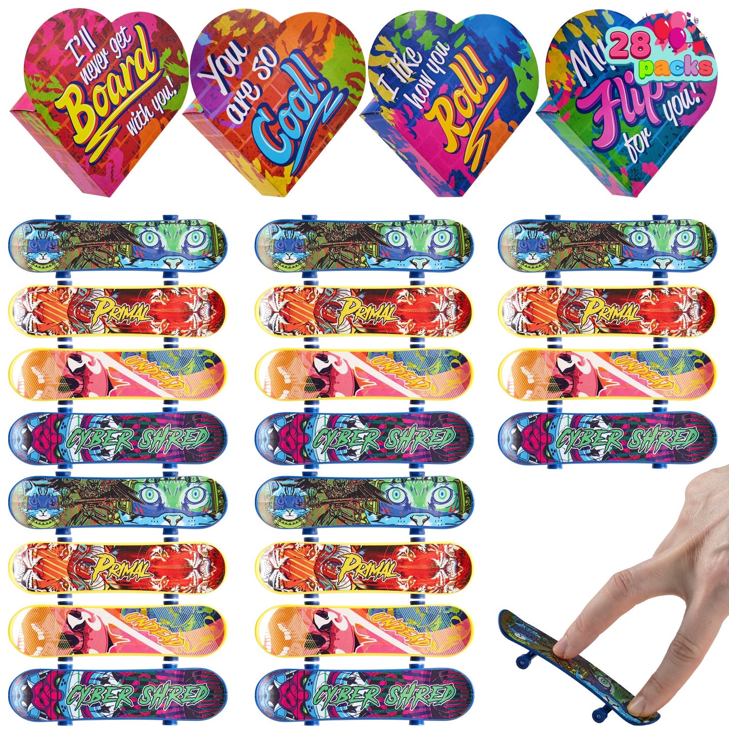 Joyfy 28 Packs Valentines Day Cards with Finger Skateboards for Kids Boys, Valentines School Classroom Exchange Gifts for Ages 6 and up
